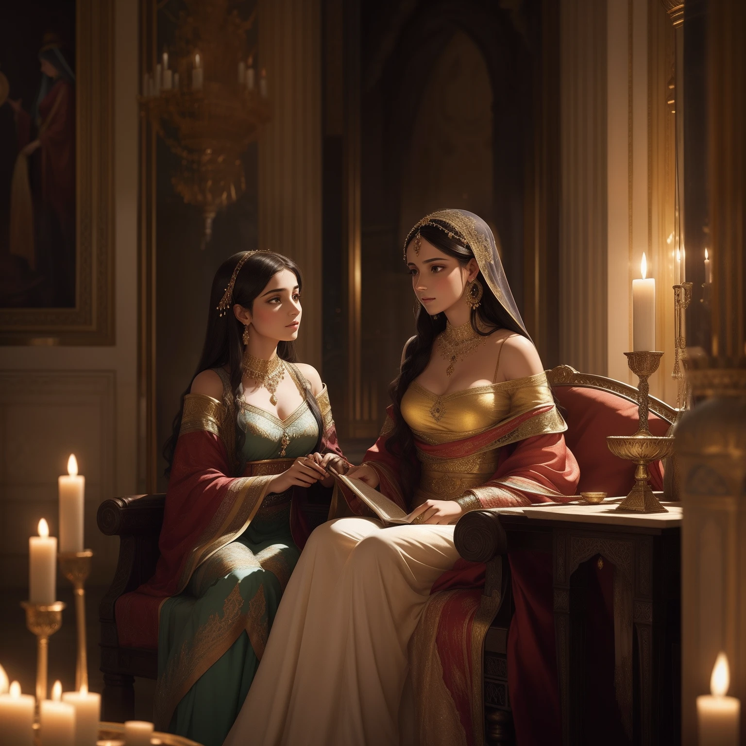 Transport yourself to a mesmerizing scene from the Arabian Nights, where the captivating Sheherazade, adorned in richly embroidered garments, sits beside her sister in the opulent palace. Bathed in the soft glow of flickering candles, she enthralls the rapt king with one of her mesmerizing stories, accompanied by the ethereal presence of her sister. As if spun from the threads of fairy tales, the ambiance radiates with an enchanting romance, whisking you away to a world where magic and storytelling converge.
