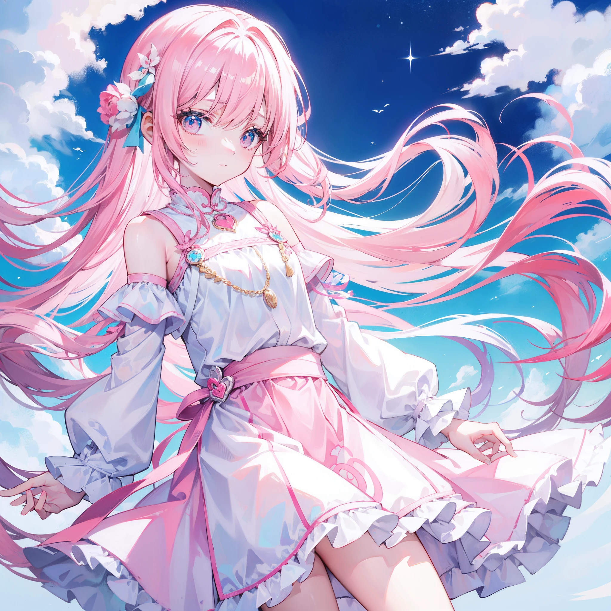 Long hair with light pink and white,Blue, White and pink clothes,She is a cute and cute girl,Transfer sister,It looks very light and gentle