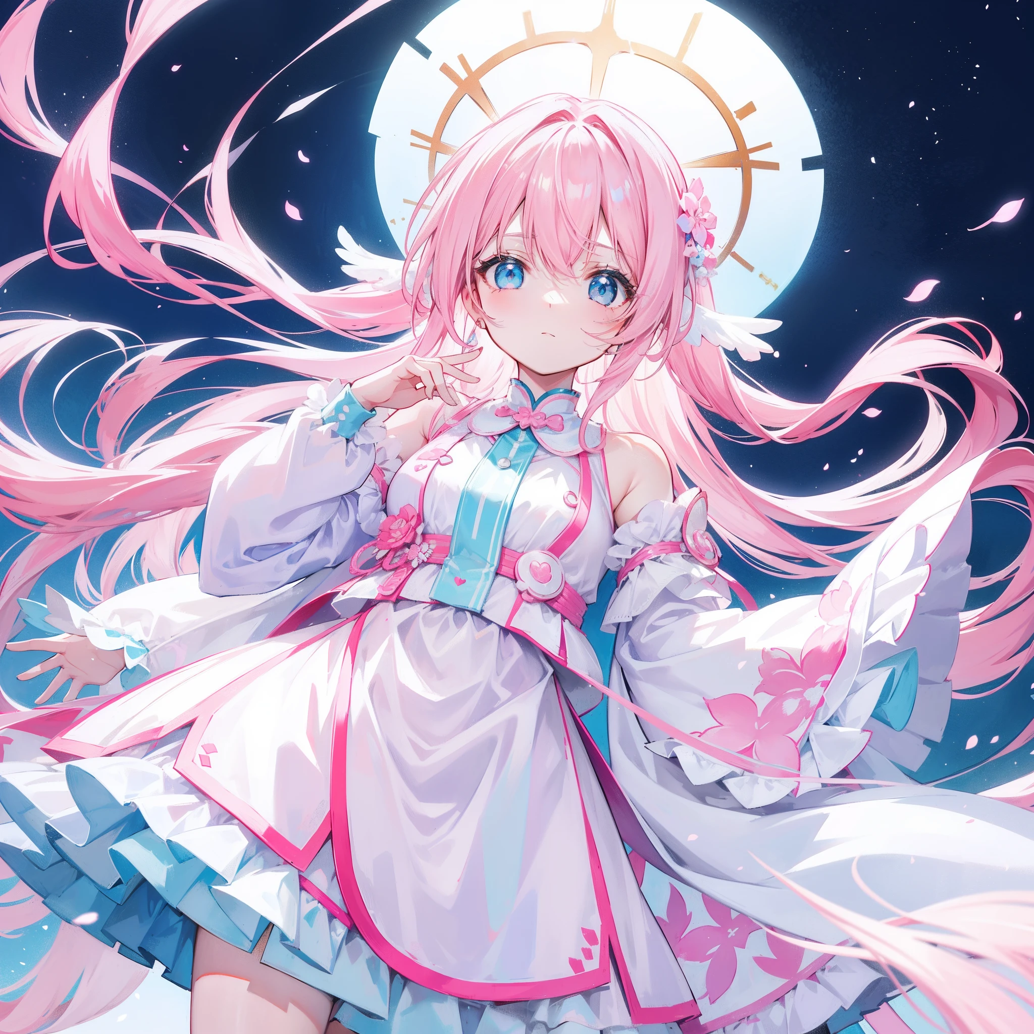 Long hair with light pink and white，Blue, White and pink clothes，She is a cute and cute girl，Transfer sister，It looks very light and gentle
