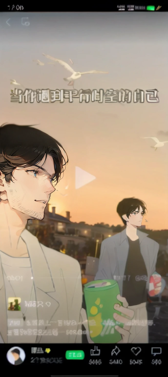 Two handsome guys with their backs to the villa,Pepsi in hand,Wear a T-shirt,Evening birds flying in the sky in modern comic book style