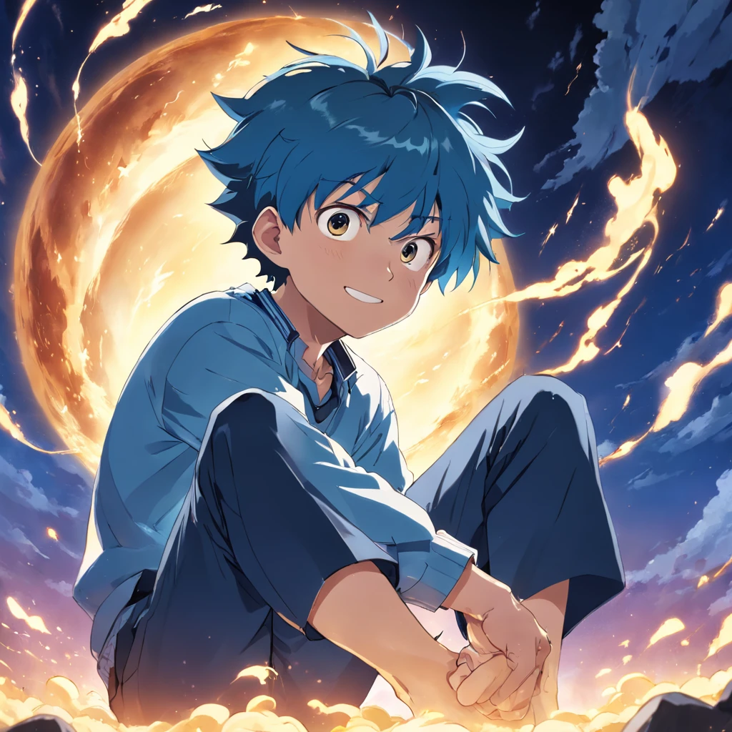 masterpiece, best quality, movie still, 1man, cloud boy, floating in the sky, close-up, bright, happy, warm soft lighting, sunset, (sparks:0.7), (AS-Young:1.7), (1man:1.8), (male focus:1.2), (cute:1.7) Shigeo Kageyama, Mob Psycho, looking at viewer, sitting down, smiling, black eyes, blue bowl hair with undercut