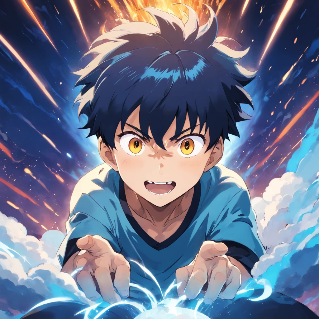 masterpiece, best quality, movie still, 1man, cloud boy, floating in the sky, close-up, bright, happy, warm soft lighting, sunset, (sparks:0.7), (AS-Young:1.7), (1man:1.8), (male focus:1.2), (cute:1.7) Shigeo Kageyama, Mob Psycho, looking at viewer, sitting down, smiling, black eyes, blue bowl hair with undercut