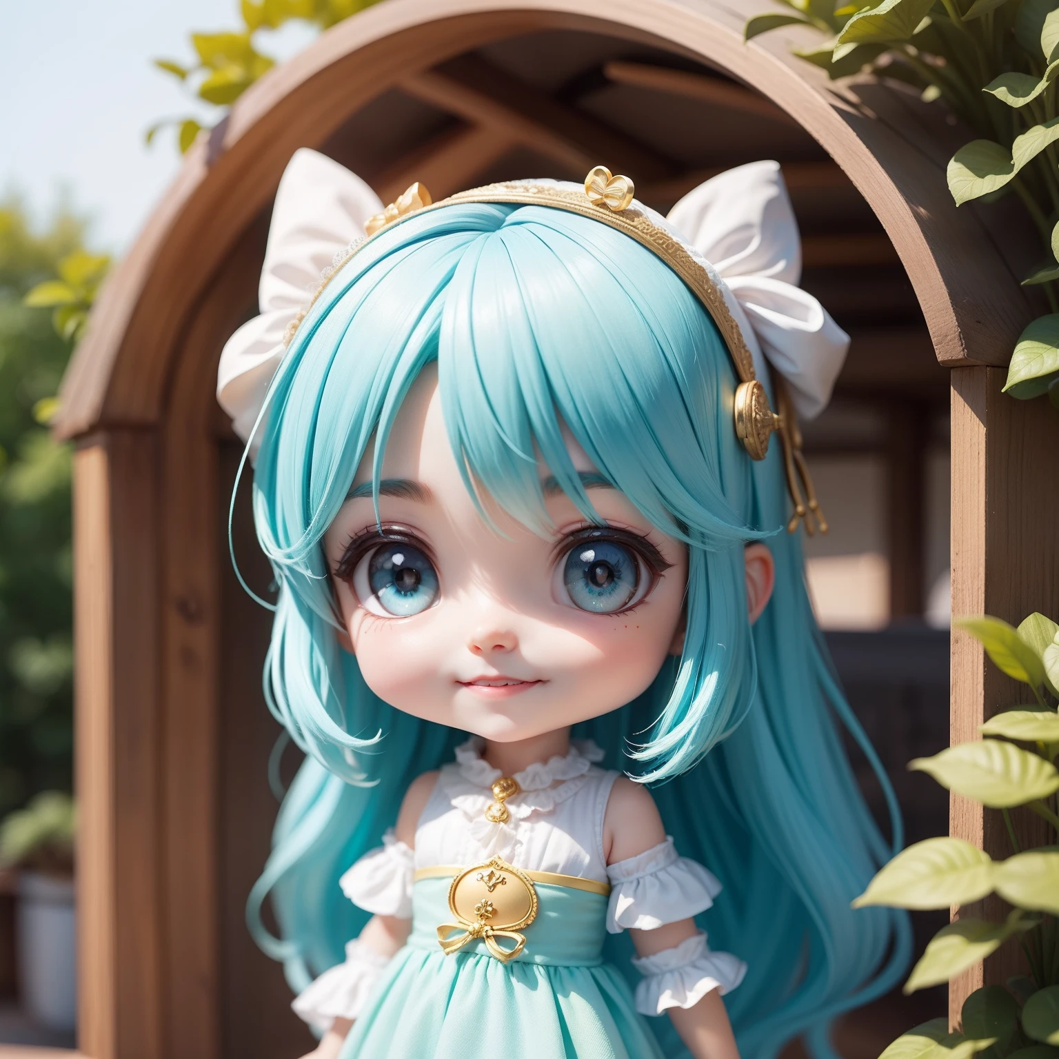 Cute Baby Chibi Anime,(((Super masterpiece、top-quality、ultra-detailliert、1 girl in、Chibi:1.5)))、Fashionable Chibi、outside of house、ride horse🏇🏇🏇、The best smile、Looking at the camera、A detailed face、highdetailskin、Aqua Blue Sauvage Hair、Fairytale country steppe(Chibi:1.4)