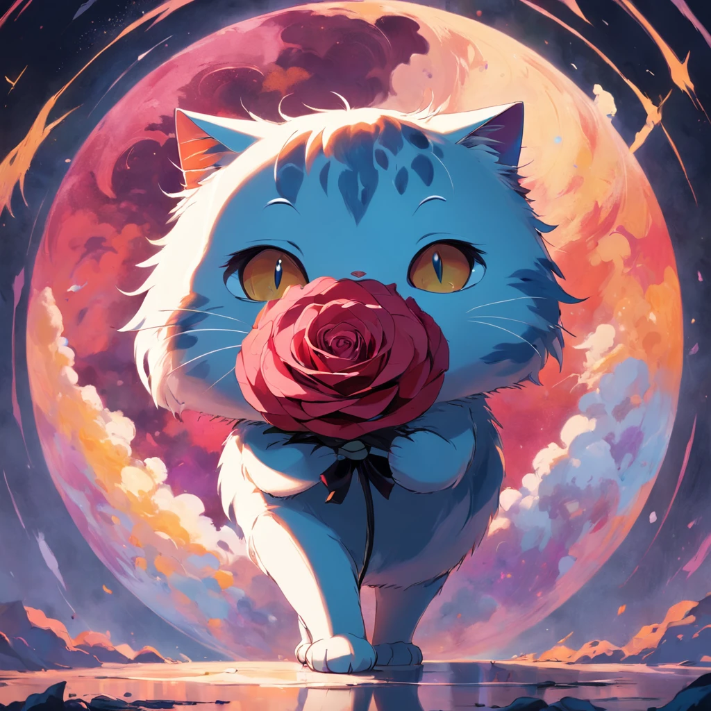 Round cat, Like a sphere, Holding a rose, Color Field painting