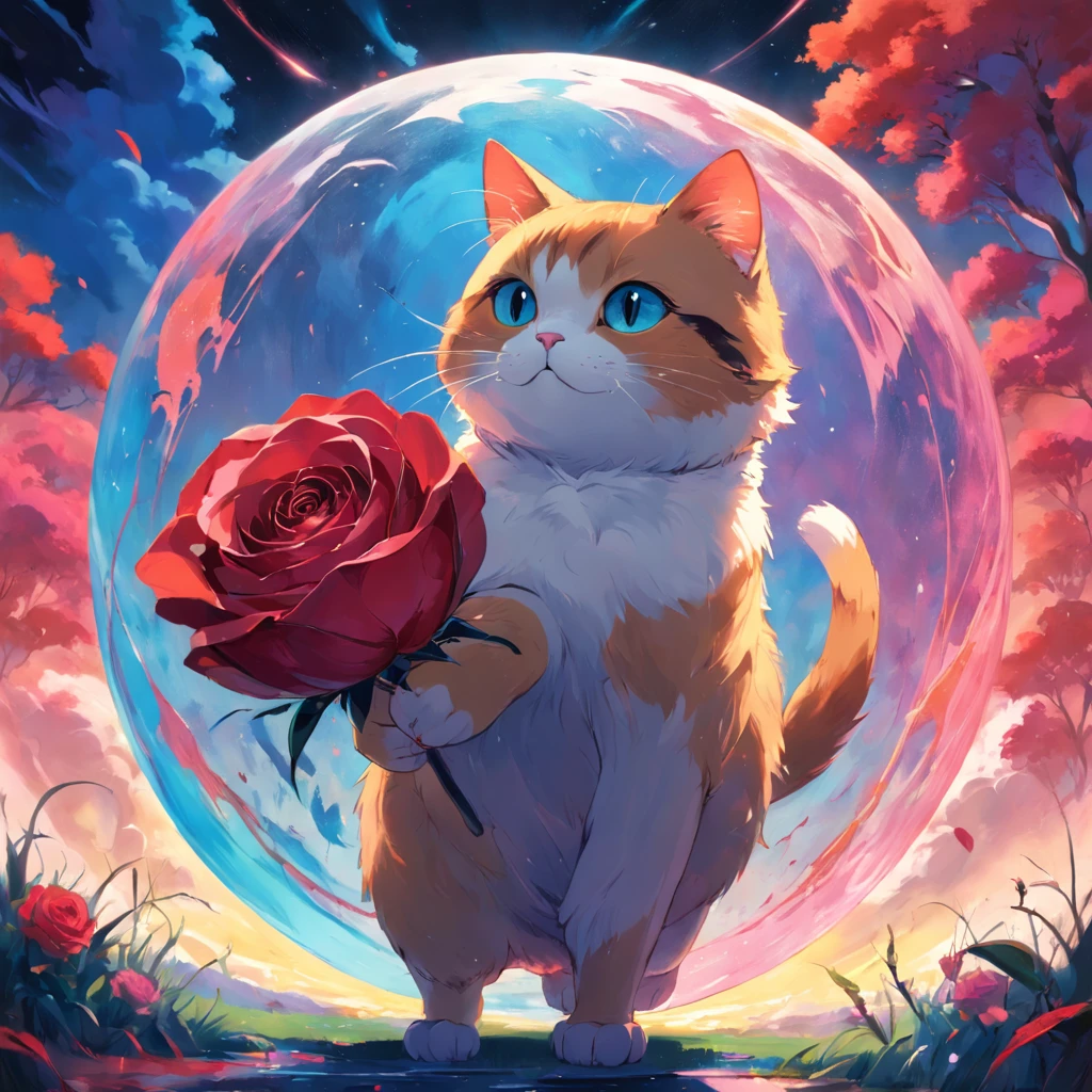 Round cat, Like a sphere, Holding a rose, Color Field painting