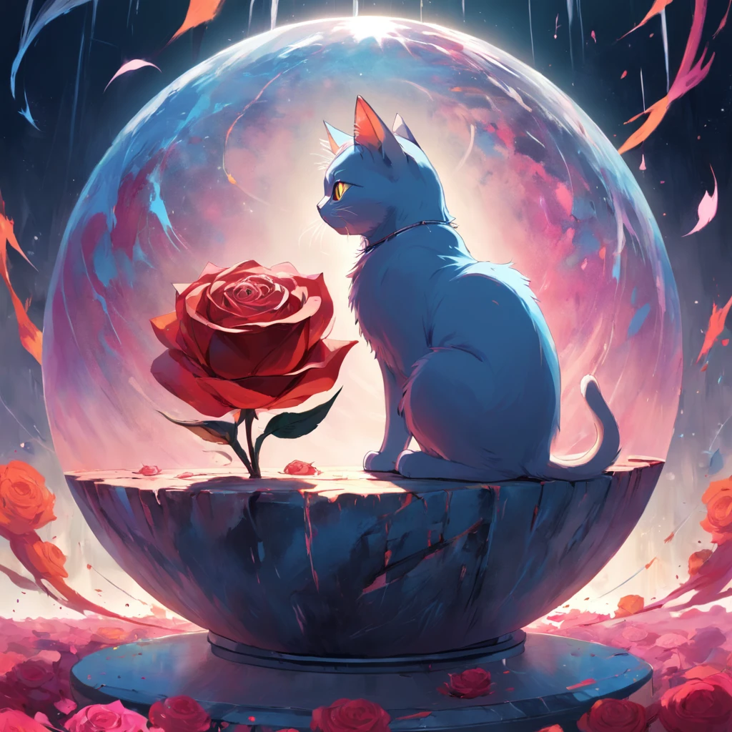 Round cat, Like a sphere, Holding a rose, Color Field painting