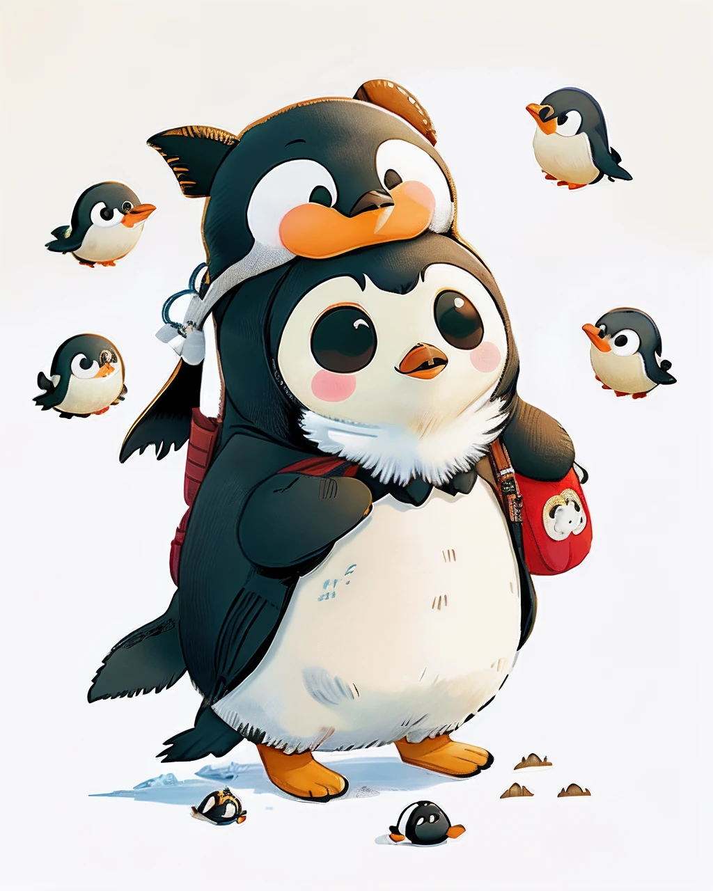 photoRealstic、How to draw a cute picture ((Chonkey Penguin 🐧)) Go on an adventure, Cute look, A ((Small Bag Pack)) Deep in the Penguins, hard disk ,Soft contrast, ((Fluffy Penguins 🐧)), Adorable,Background white
