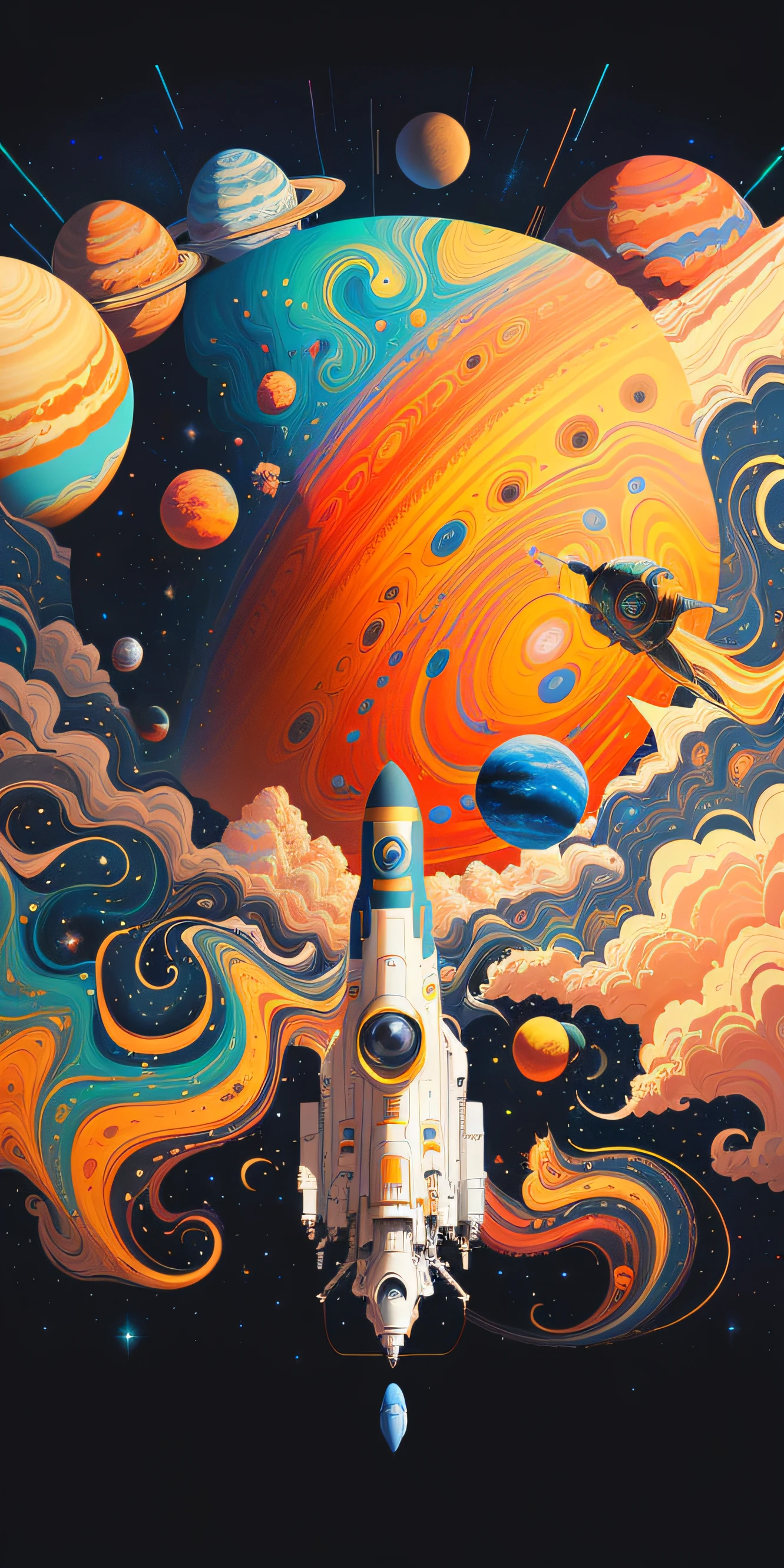 Space-themed poster with rockets and planets, cosmic and colorful, space colors, Space travelling, space graphics art in background, plethora of colors,detail-rich, Psychedelic art style, Space art, Space travelling, psychedelic surreal art, psychedelic illustrations, 4k highly detailed digital art, Amazing wallpapers, trippy art, Surreal space, hyperdetailed colourful