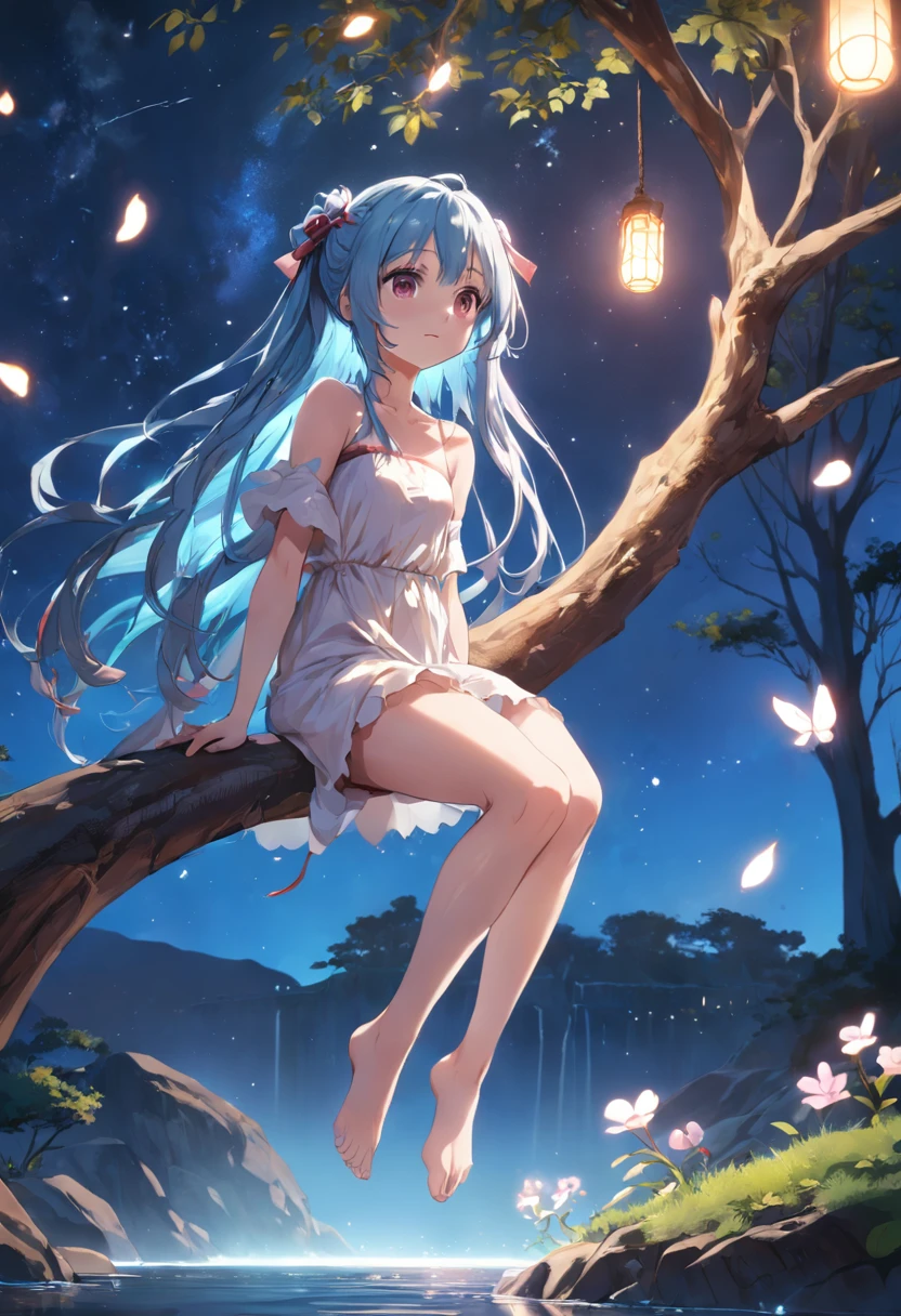 (Extremely detailed CG Unity 16k wallpaper:1.1), (Noise Removal Strength: 1.45), (tmasterpiece:1.37), incredibly_absurderes, Highly detailed, refined rendering, Original, Night_sky, (Close_On:1.2), (Close-up Shot Shot), (A girl:1.3) Is (Sit on a tree) and soaking your feet, [[Light smile]], (baby_Blue hair), Very_Long_Hair, Water inner hair, Small double buns, (Beautiful detailed eyes), (Red eyes), Floating ribbon, (peach blossom), Flowers, (flower) tree, Water petals, Floating petals, [[full moon]], illustration, god light, Sparkle, Glowing light, (Best quality), (Masterpiece), (A high resolution)