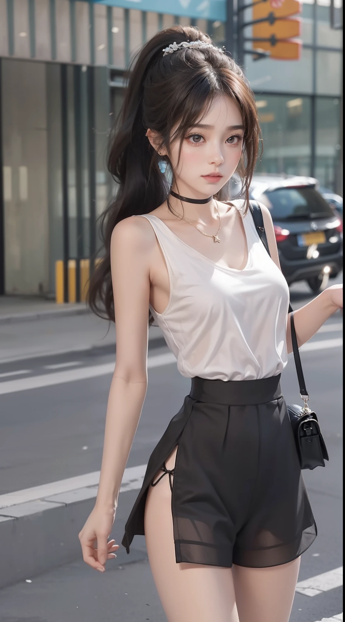 best quality detail:1.2, hentail realism, 8K UHD, A high resolution, 1girl in:1.2, The ultra-detailliert, High quality textures, intricately details, detaileds, Very detailed CG, High quality shadows, Detail Beautiful delicate face, Detail Beautiful delicate eyes, depth of fields, Ray traching,Girly face, age 22, Beautiful pop girl, Korean Urzan face:1.1, Slender face, PureErosFace_V1, glowing light eyes, teak, Glossy lips, perfect bodies,Perfect vest line,A little bigger ass,Short top exposes the navel, choker necklace、nedium breasts、 Brown hair、Double ponytail hairstyle, no underwares,Upturned shorts,The top is translucent,without a backpack,Playful and cute,Full-body photography,Slim legs,Beautiful legs slender,street, Particle, view the viewer, Photorealsitic:1.4, ultra - detailed, Photos realistic, 4K 8K Ultra HD full-color RAW photos, hasselblatt:1.2, Carl Zeiss:1.1, Incredible dynamic range photography(util_The art of SMUS-768:1.1), A high resolution, high pixel count, Clear details, Sharp images, Natural color reproduction, denoised, High fidelity, quality, Software improvements, upscaled, Optimization algorithm, Professional grade beauty、((beijing))、in a school、((Fashion clothing with a very high design))、Graphic T-shirt: Art and logos、Graphic t-shirts printed with anime characters are trending.、Create a unique look,Full-body photography,Expose breasts and buttocks