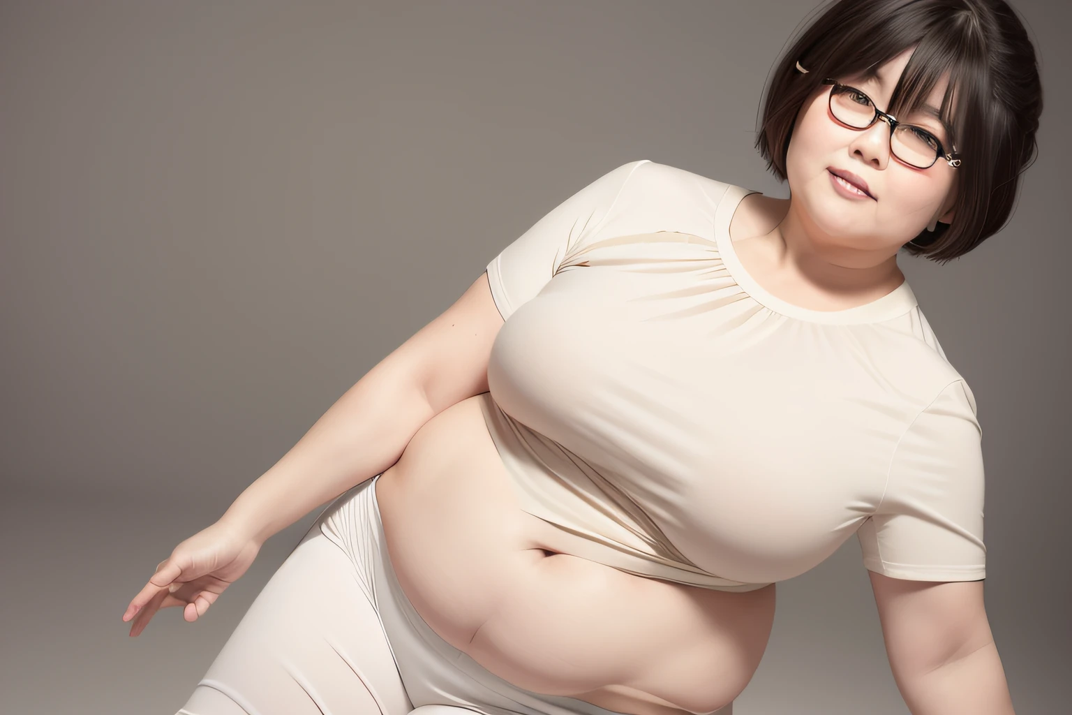 Fat Japan Woman Yoga Wear Show your stomach sixty years old Black background