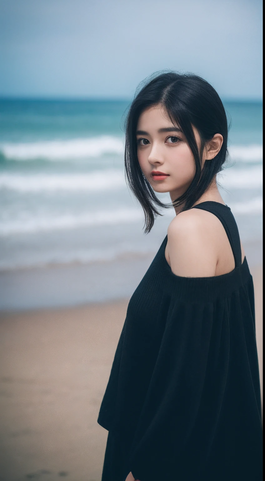 (8K, RAW photo, k hd,Best quality)1girll, Beautiful face, Black hair,Beautiful posture,dyna,beachside,Faraway view,Background bokeh,Focalors,