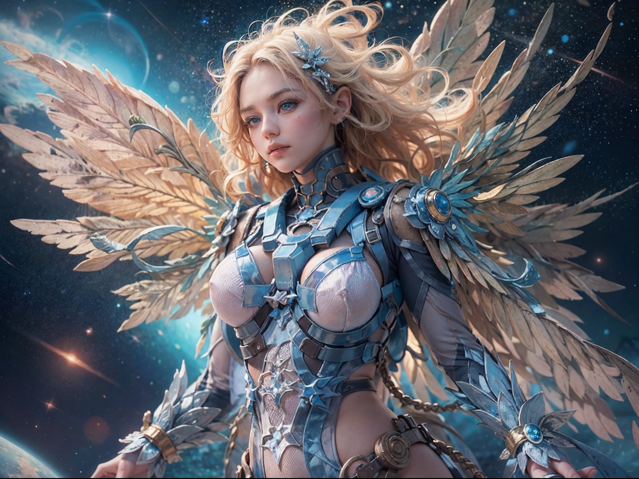 there is an illustration of a fairy with mecha parts fairy_wings floating on Mars planet looking into space seeing the vast of stars and space, full body shot, blond hair, long hair, blue eyes, ultra detailed face, space and stars as background, sense of infinity, Ultra-Wide Angle, high detail, award winning, best quality, HD, 16K, high details, best quality, highres, ultra wide angle, photorealistic, ultra realistic [[anatomically correct]], high details, best quality, 16k, [ultra detailed], masterpiece, best quality, (extremely detailed), ultra wide shot, photorealistic,