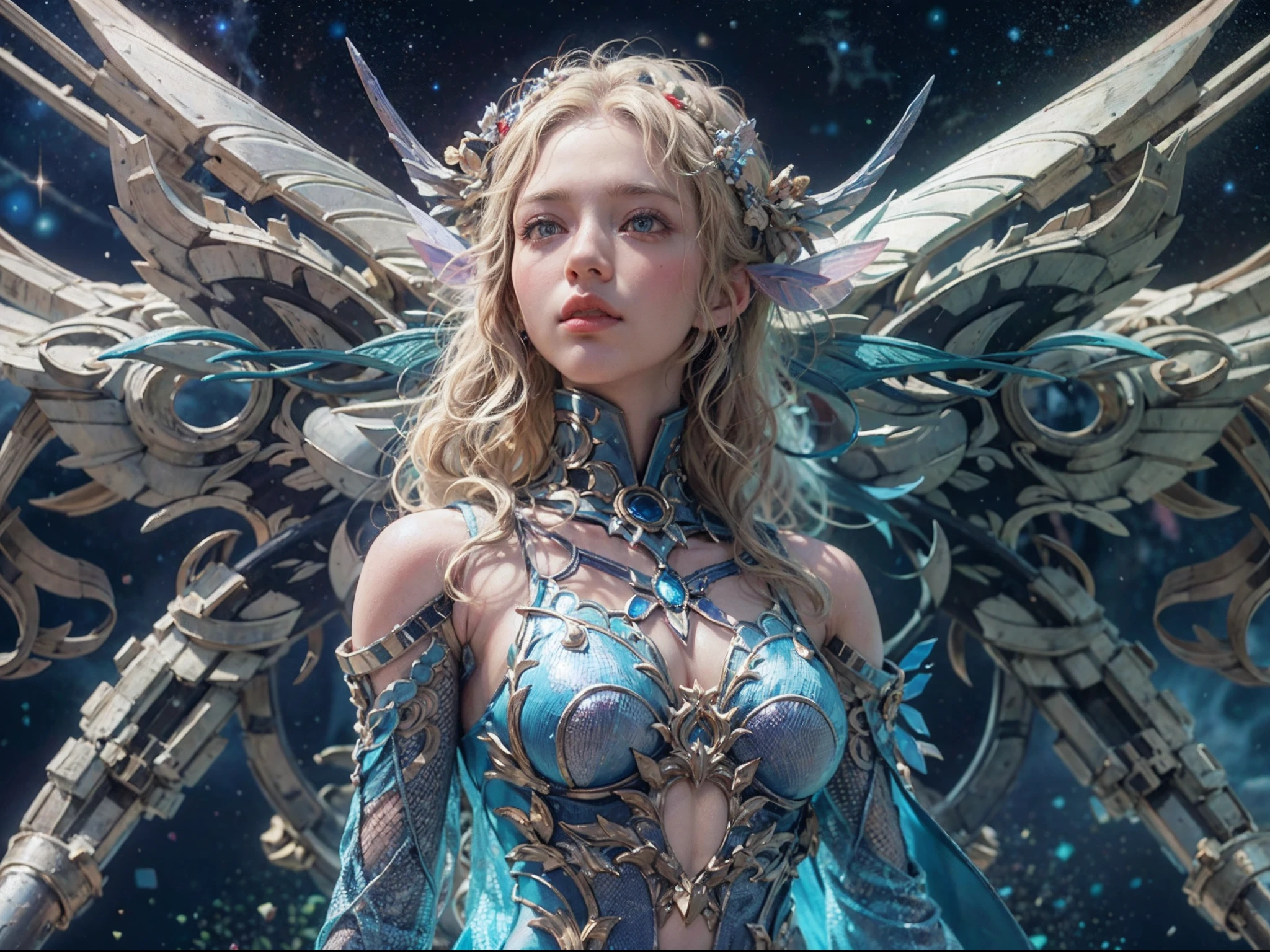 there is an illustration of a fairy with mecha parts fairy_wings floating on Mars planet looking into space seeing the vast of stars and space, full body shot, blond hair, long hair, blue eyes, ultra detailed face, space and stars as background, sense of infinity, Ultra-Wide Angle, high detail, award winning, best quality, HD, 16K, high details, best quality, highres, ultra wide angle, photorealistic, ultra realistic [[anatomically correct]], high details, best quality, 16k, [ultra detailed], masterpiece, best quality, (extremely detailed), ultra wide shot, photorealistic,