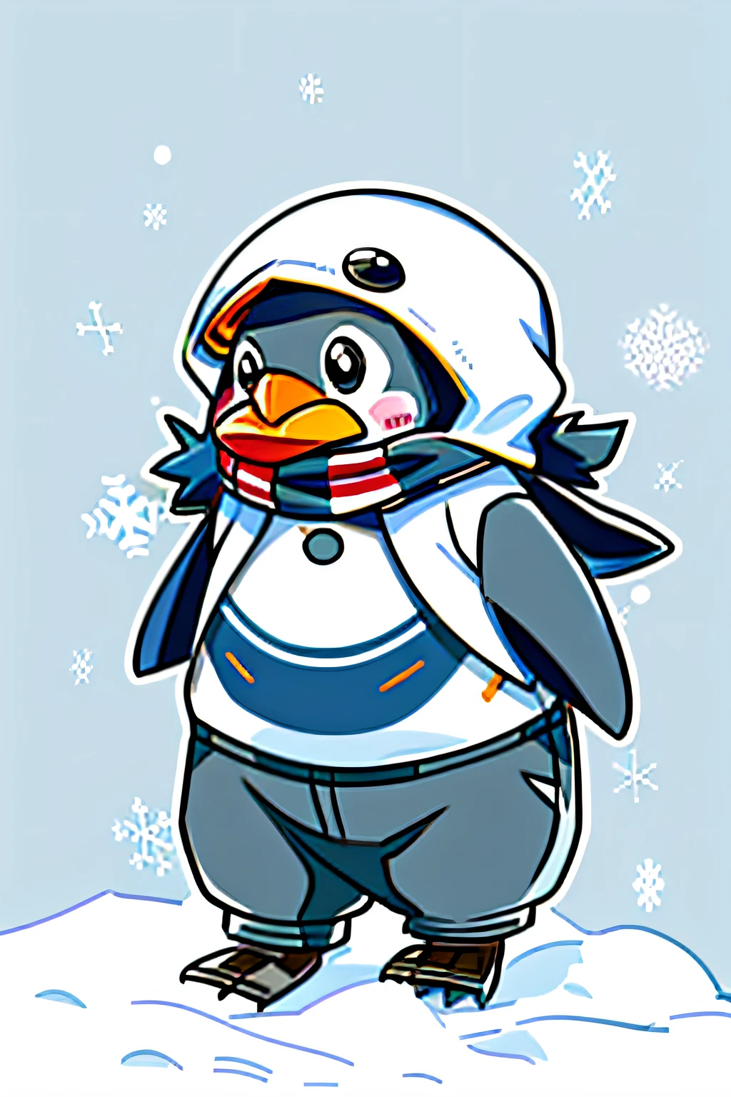 Penguins in winter coats and scarves standing in the snow, anthropomorphic penguin, mecha anthropomorphic penguin, penguin, fat penguin, penguinz0, pingu, blue penguin, pinguin, soldier penguins, zerochan, offcial art, Cute anime, Pisif, So cute, adolable, awww, zerochan art, official fanart