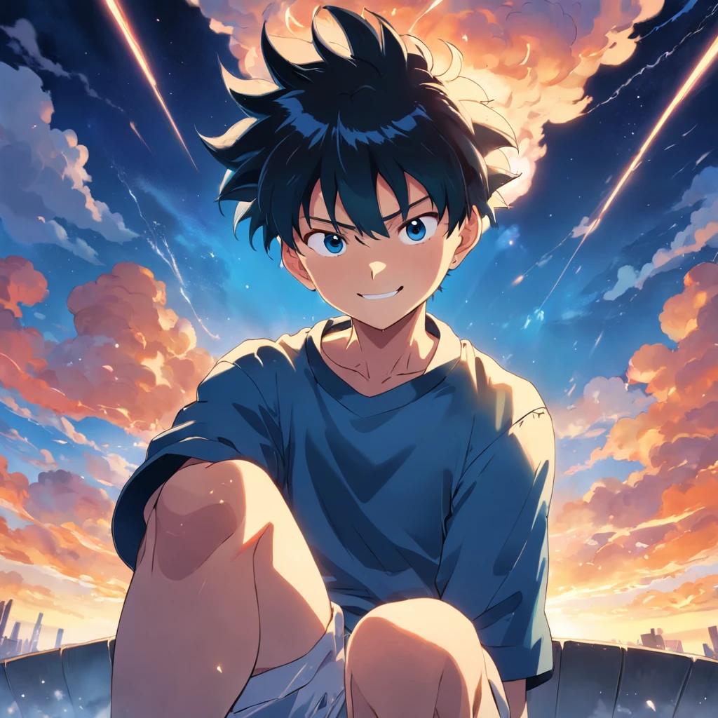 masterpiece, best quality, movie still, 1man, cloud man, floating in the sky, close-up, bright, happy, warm soft lighting, sunset, (sparks:0.7), Shigeo Kageyama, Mob Psycho, looking at viewer, sitting down, smiling, black eyes, blue bowl hair with undercut