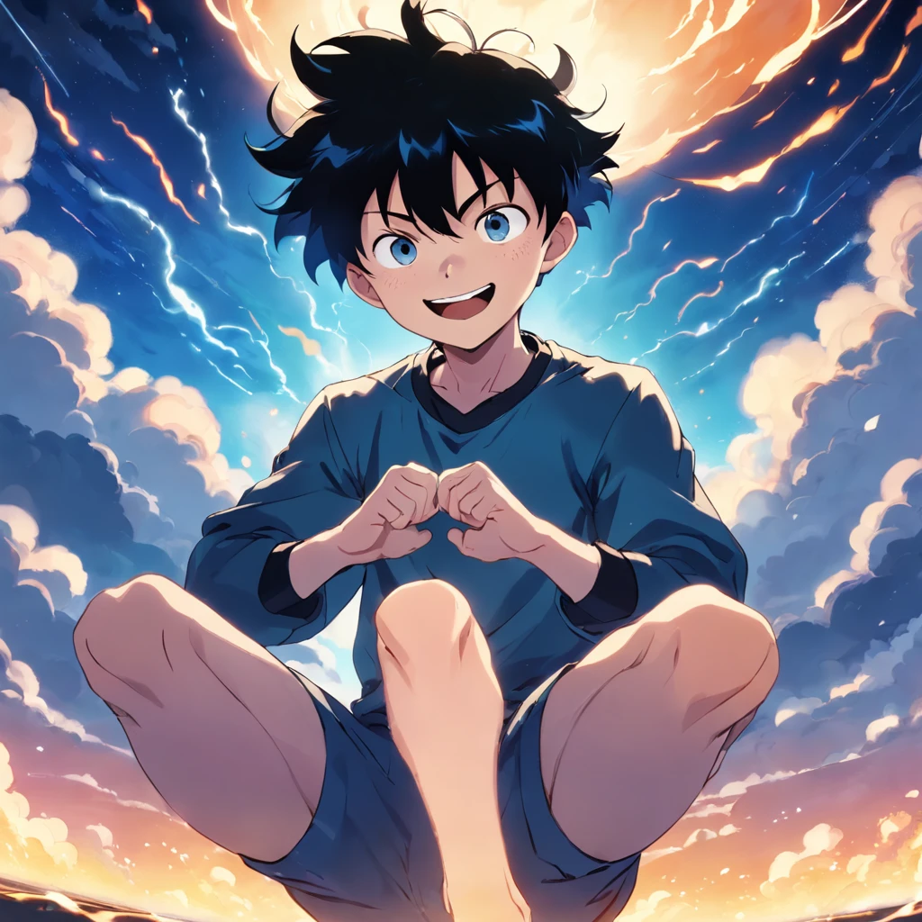 masterpiece, best quality, movie still, 1man, cloud man, floating in the sky, close-up, bright, happy, warm soft lighting, sunset, (sparks:0.7), Shigeo Kageyama, Mob Psycho, looking at viewer, sitting down, smiling, black eyes, blue bowl hair with undercut