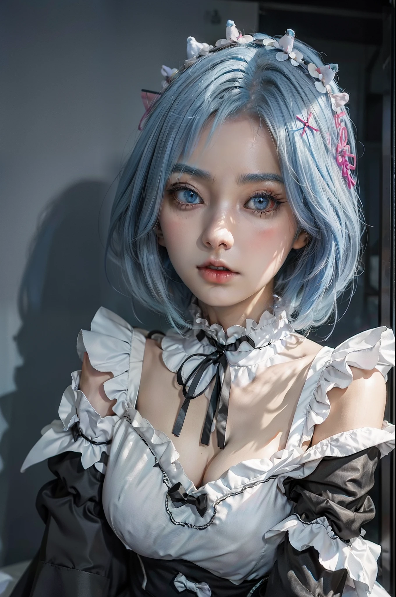 （独奏）， （1girll）， （lightblue hair）， ((Above the shoulder，facial closeups))， Bigboobs， looking at viewert， maid costume， Rem from：lofi