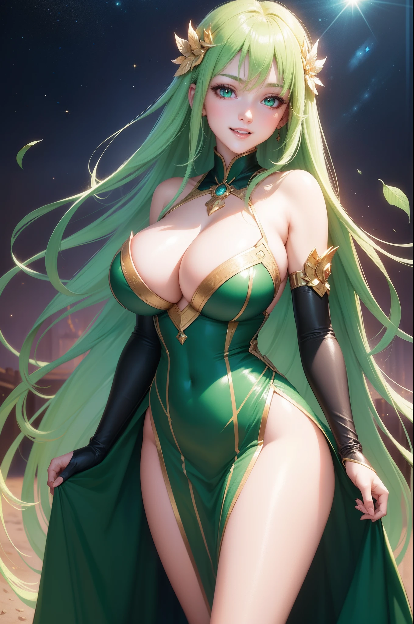 masterpiece, best quality, beautiful detailed hair detailed face, perfect feminine face, (happy:1.2), open mouth, smiling, (close-up potrait:1.2), a beautiful and cute girl with sparkling and glowing green hair, ahoge, side hair, (gigantic breasts:1.2), huge cleavage, very long hair, green evening dress wearing, long dress, long sleeves, (leaf particles), floating hair by wind, shiny skin, shiny foreheads, (sparkle particle), lens flare, sharp focus, volumetric lighting, trending on artstation, pixiv, by sakimichan, george kamitani, akira yasuda, alphonse mucha, greg rutkowski, gil elvgren, william-adolphe bouguereau