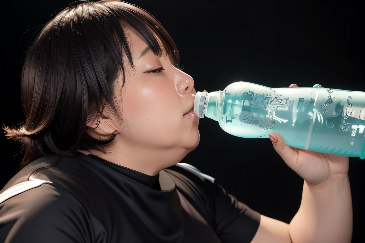 Drinking a clear plastic bottle Fat Japan woman profile Black background homely Yoga Wear