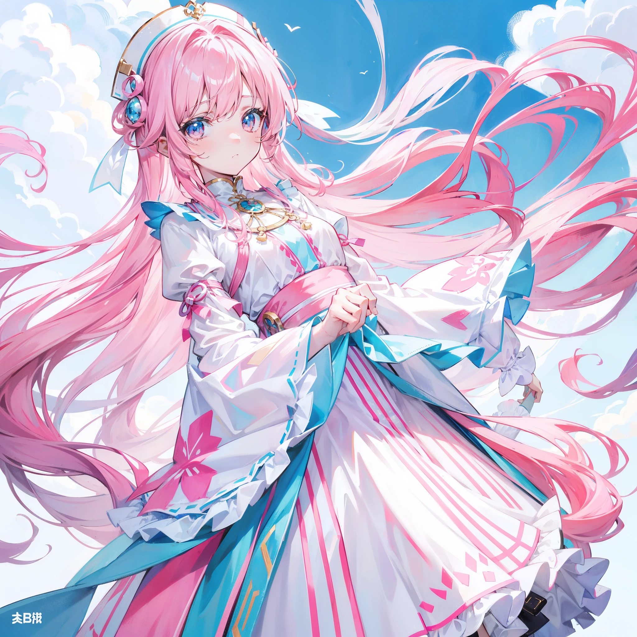 Long hair with light pink and white,Blue, White and pink clothes,She is a cute and cute girl,Transfer sister,It looks very light and gentle
