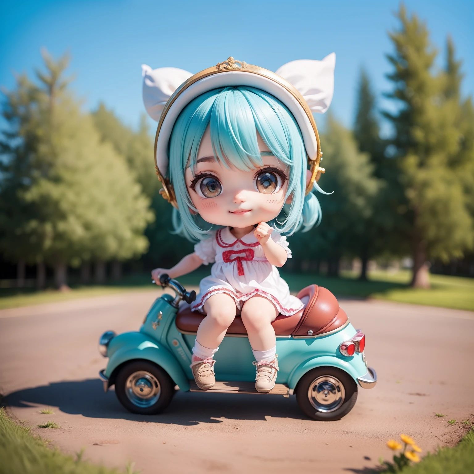 Cute Baby Chibi Anime,（（（Super masterpiece、top-quality、ultra-detailliert、1 girl in、Chibi：1.5）））、Fashionable Chibi、outside of house、ride on the horse、(ride horse🏇🏇🏇:1.2)、The best smile、Looking at the camera、A detailed face、highdetailskin、Aqua Blue Sauvage Hair、Steppe in fairytale land（Chibi：1.4）