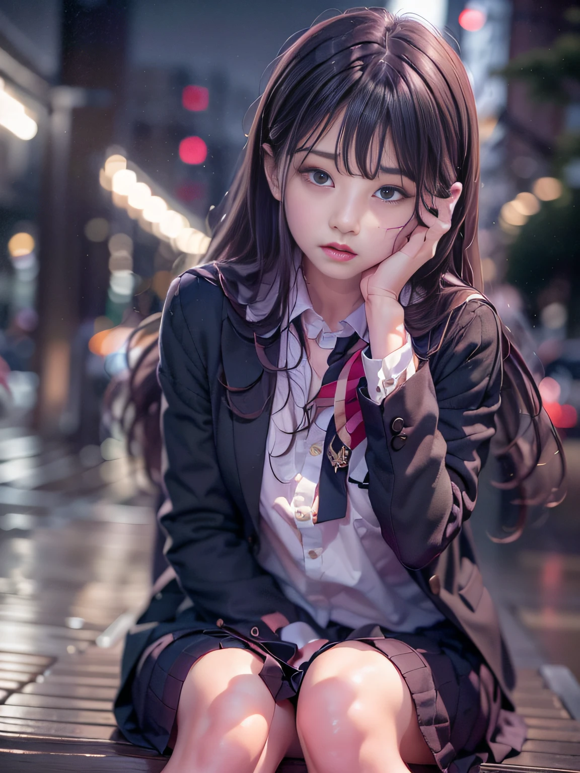 creepy momo girl, pink school uniform, pink color-theme, lost in dark wood, at night, haunting, glowing eyes, Extremely detailed eyes