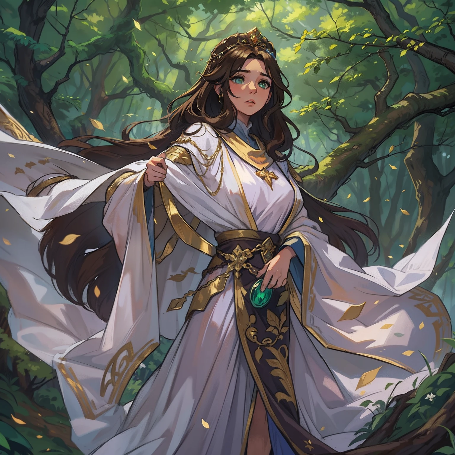 A beautiful woman with green eyes and brown hair, Ella es una hechicera bruja, wearing white and gold robes, Noble robes, Una princesa de magia y una mirada cansada;, ((Enrojecida)) Fondo del bosque, de noite, uma floresta horripilante, trees with branches. Leaning against a tree, Bosque con niebla. Un arte para un RPG Un arte medieval para RPG ((con escote)) sexy