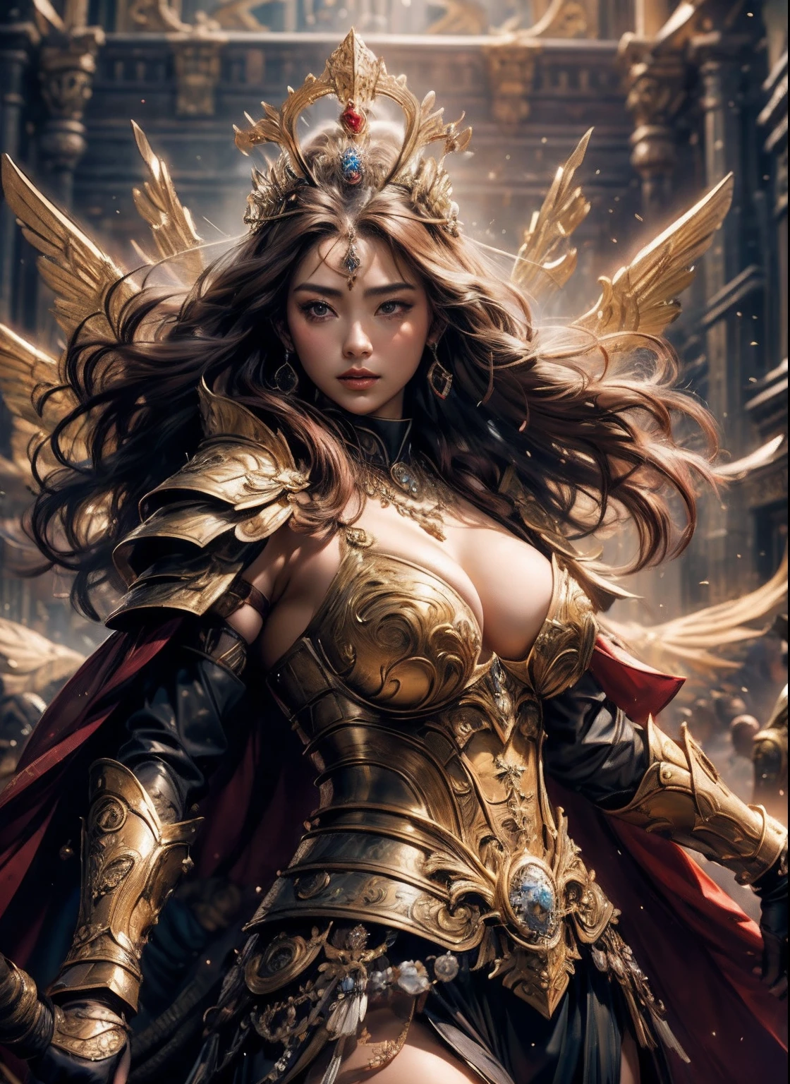 (surrealistic), (hight resolution), (8K), (ighly detailed), (beatiful detailed eyes), (top-quality), (ultra-detailliert)、intricate detailes、
1girl in、fullbody image、(Goddess of battle、Powerful beauty、hali々and has)、perfectly proportions、big eye:1.5、Pretty eyes、Bewitching、Sexy Woman、爆乳、big breasts thin waist、nabel、Crotch gap、thighs thighs thighs thighs、beautiful countenance、A detailed face、Perfect figure:1.4、(shinny skin), (cleavage of the breast)、length hair、the wind、Red BRA、 long ugly hair, (Brown hair:1.3)、Look at viewers, Wearing complex red super armor、Clear focus:1.2、Lightning Effect、Ultra-detailed large crown adorned with jewels:1.2)、Colossal tits、oppai、Translucent sexy underwear、I see the purple flag、Gemstones with intricate details、(Ultra-detailed yellow armor adorned with jewels:1.3)、diffuse lighting、Valhalla Valkyrie、(Realistic lighting)、Light up your face、Lights from the front、Shine a light on your face、
