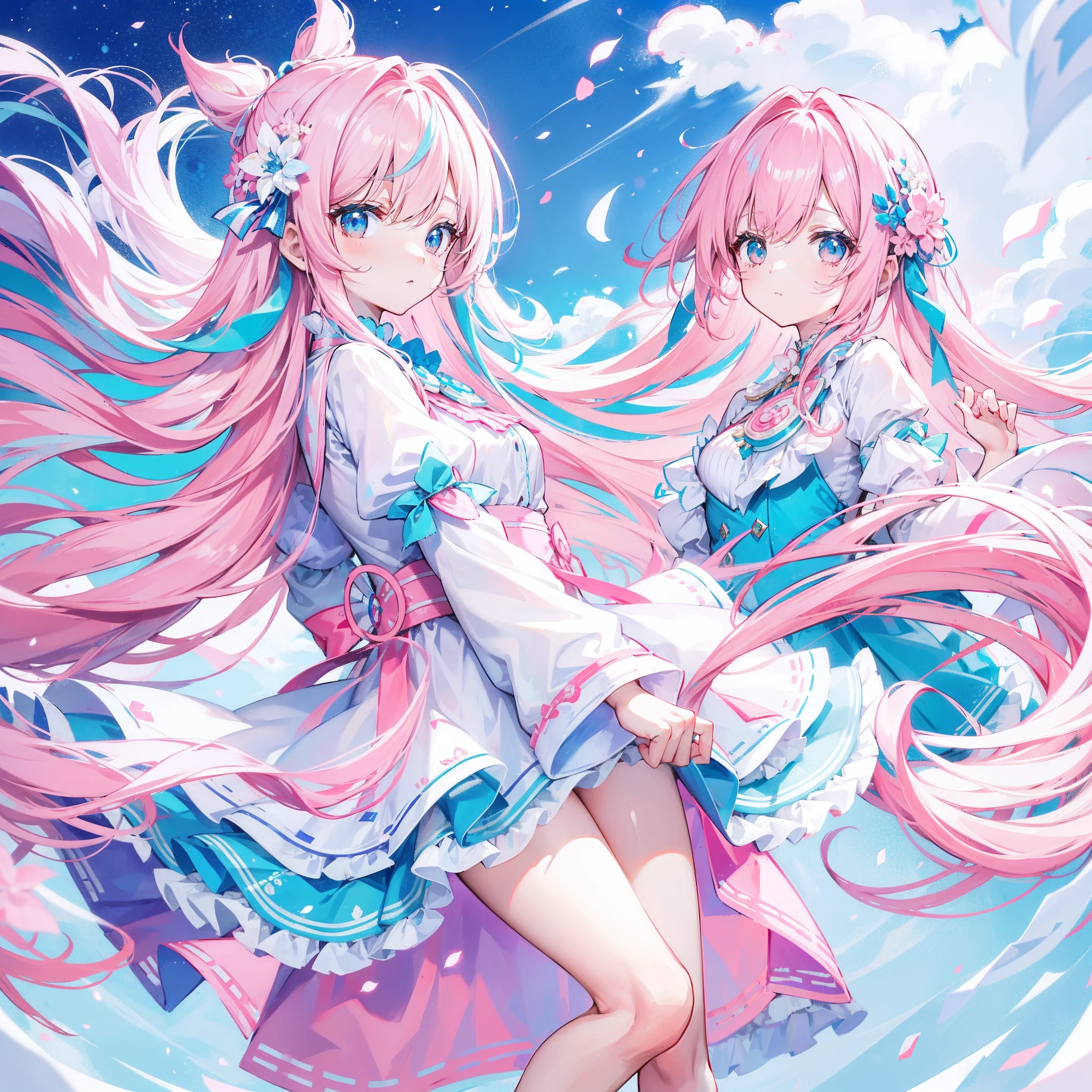Long hair with light pink and white,Blue, White and pink clothes,She is a cute and cute girl,Transfer sister,It looks very light and gentle