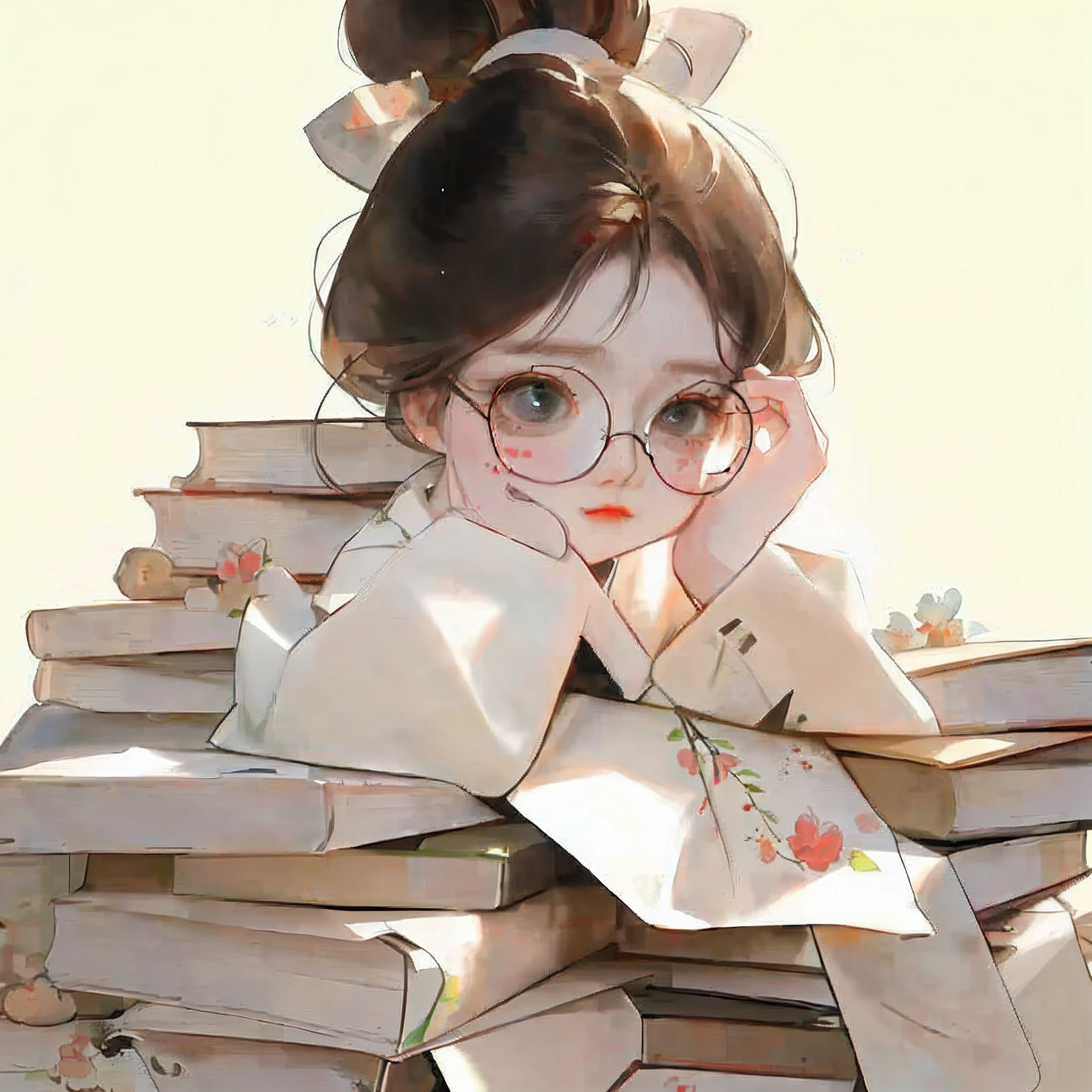 There was a girl sitting on a pile of books, Guviz, Guviz-style artwork, guweiz masterpiece, lovely digital painting, author：yanjun cheng, by Yang J, author：Zhou Wenjing, By Li Song, by Ye Xin, author：Li Fangying, Realistic cute girl painting, Cute detailed digital art