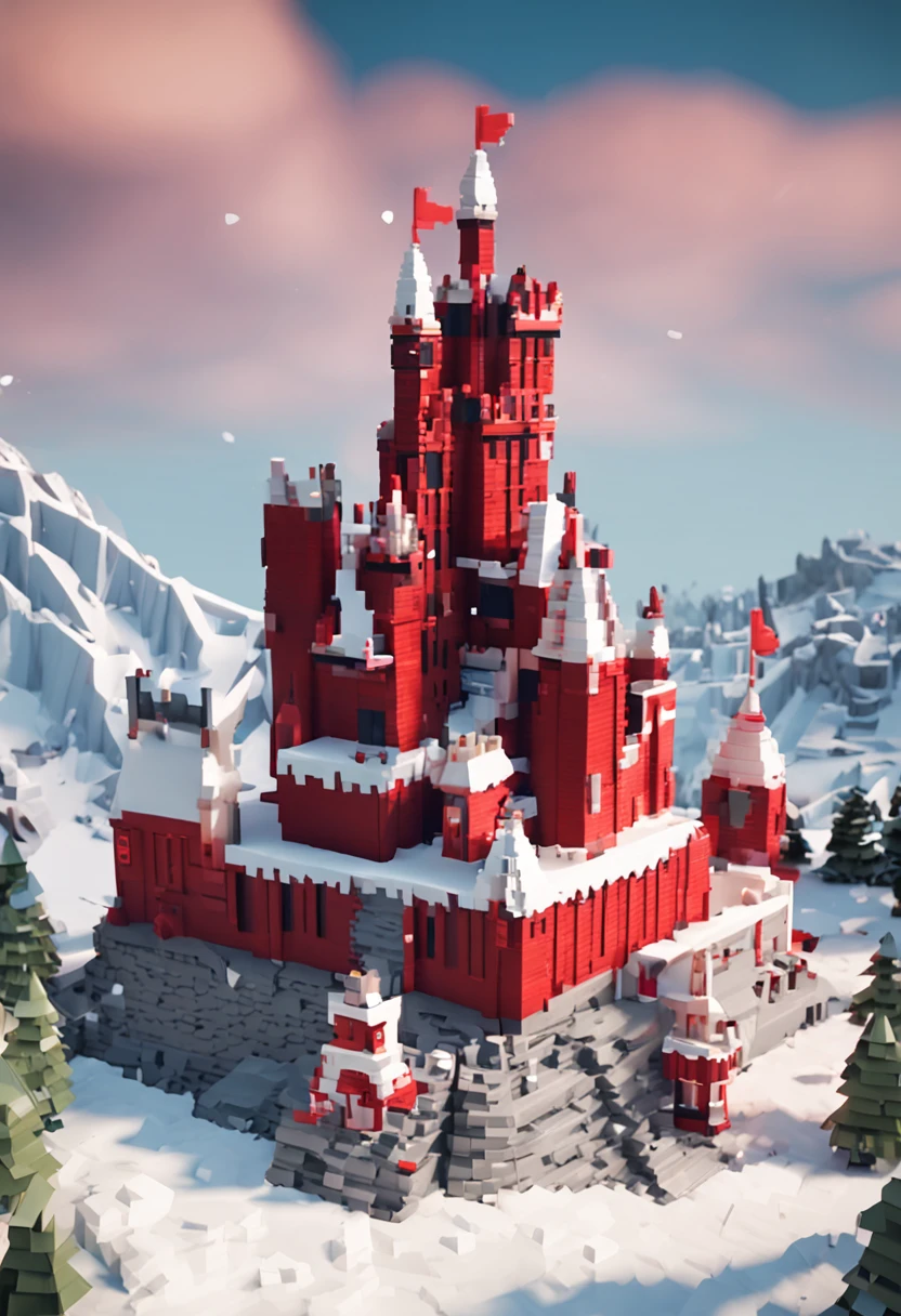nevando,Castle,borgar,red roofs,snow cover,Some figures are building snowmen,Voxel artHigh quality voxel artVideo gameDigital art building block style
