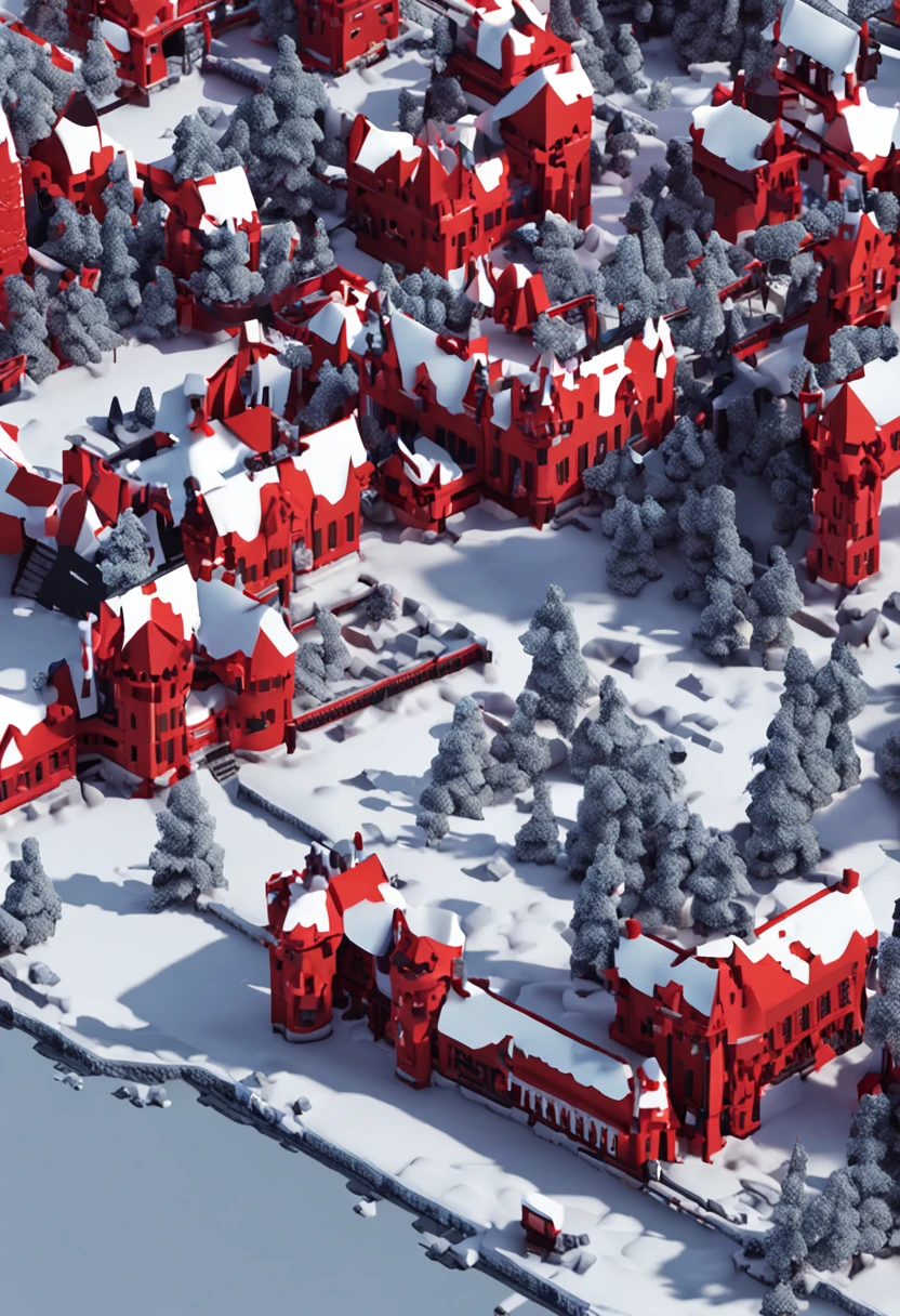 nevando,Castle,borgar,red roofs,snow cover,Some figures are building snowmen,Voxel artHigh quality voxel artVideo gameDigital art building block style