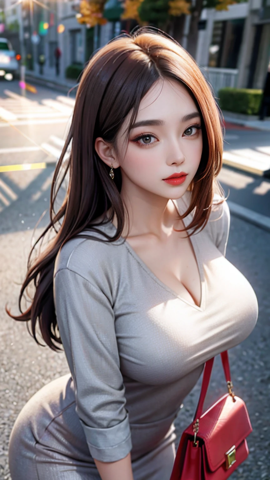 Female((30year old)), hair((long, black)), eyes((smart eyes, black)), clothes((velvet, mini dress, pink, light red)), accessories ((hairband, necklace, bracelet)), big boobs, gigantic breast, korean make-up look, street, starry sky, smiling, smile expression,