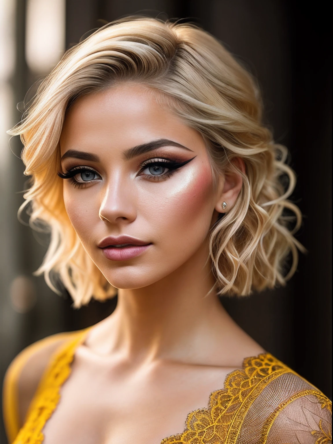 a portrait of a blonde, (makeup:1.4), amazing body, (fit body:1.2), yellow lace outfit, highly detailed hair, natural skin texture, 4k textures, detailed belly, highly detailed perfect smooth skin, lightroom, intricate, ultra-realistic, outside, (hdr:1.3), uhd, (intricate details, hyperdetailed:1.1), cinematic, photo-real, (dark shot:1.2), dramatic, high contrast, (warm colors:1.1), muted colors, masterpiece, elegant, sharp focus, colombia.