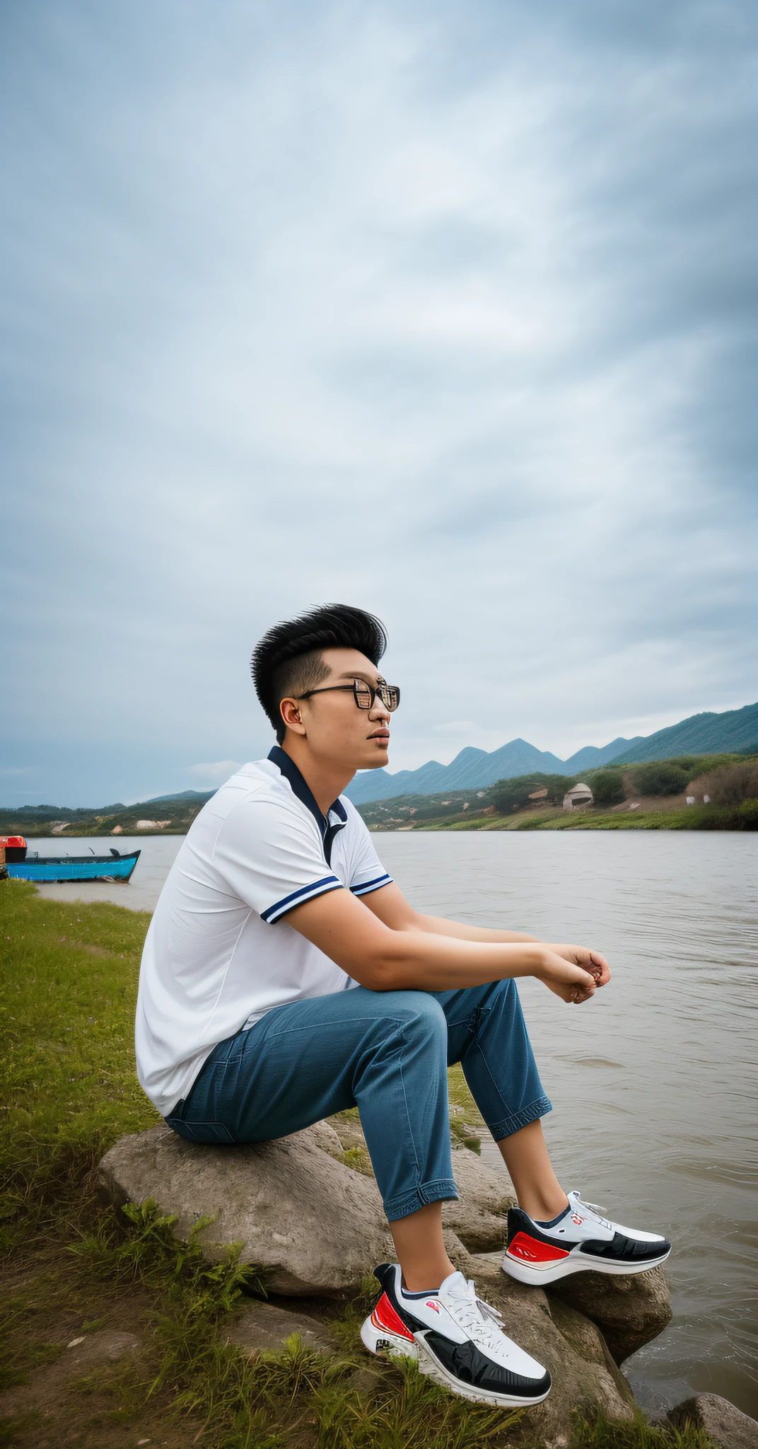 There was a 30-year-old Chinese man sitting on a rock by the water, river in front of him, taken with sony alpha 9, shot on nikon z9, sittinng on the river, photo taken with canon 5d, in a scenic background, casual photography, sentado em frente a um lago, shot on a Canon EOS R5, shot on canon eos r 5, river in the background