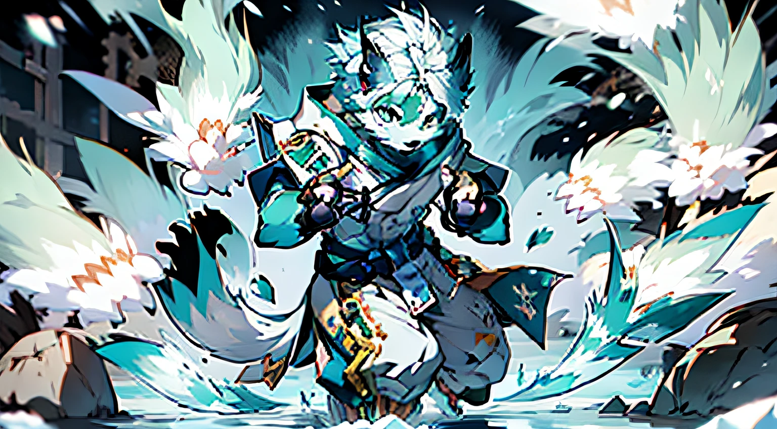Masterpiece, best quality, highly detailed, Samoyedskaya, human, furry, canine, (furry), (clear cyan eyes), white hair, white dog tail, dog paws, (((black sleeves))), white short sleeves with hood, white cropped pants, swirling wind, control ice, outdoors, (((ice)), floating particles, ethereal power, whirlwind video game Genshin Impact, Genshin Impact style,