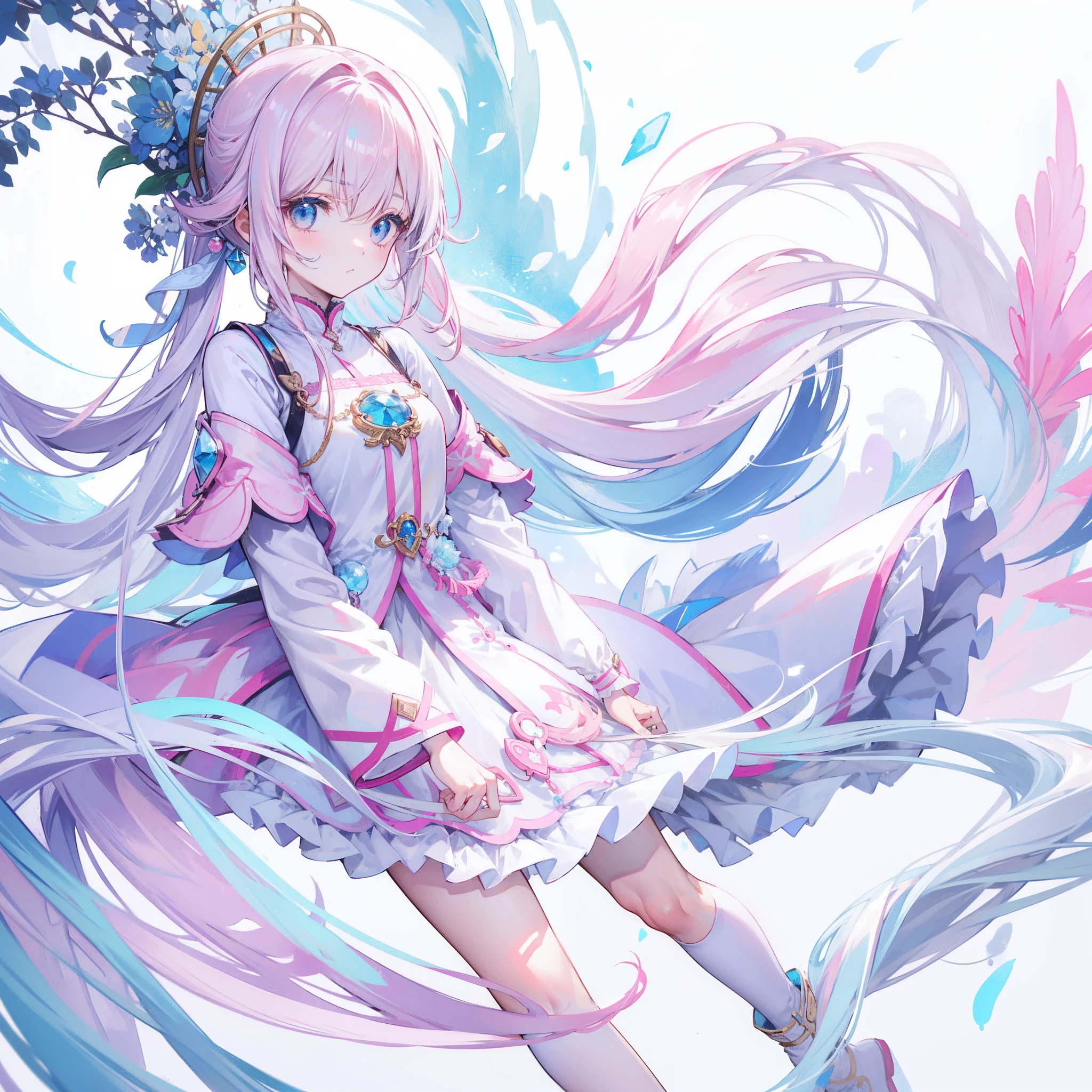 Long light pink and white hair,Blue, White and pink clothes,She is a cute and cute girl,Transfer sister,It looks very light and gentle