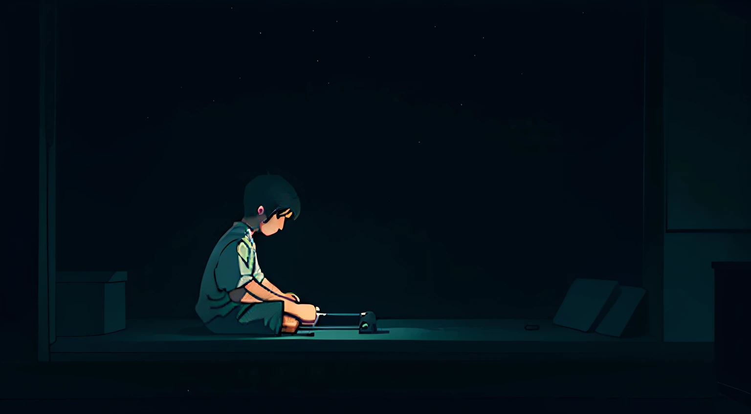 Boy playing games in dark room