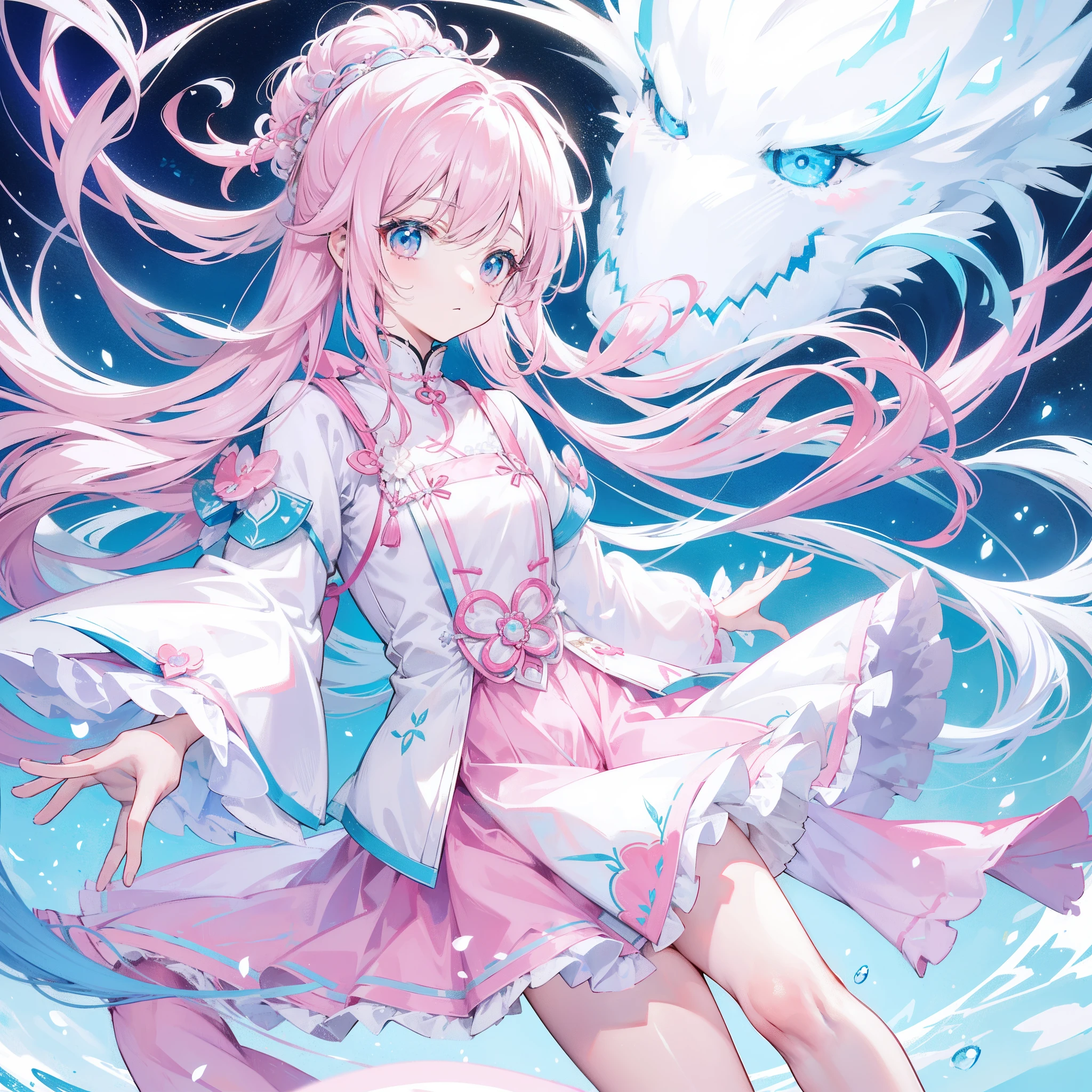 Long light pink and white hair,Blue, White and pink clothes,She is a cute and cute girl,Transfer sister,It looks very light and gentle
