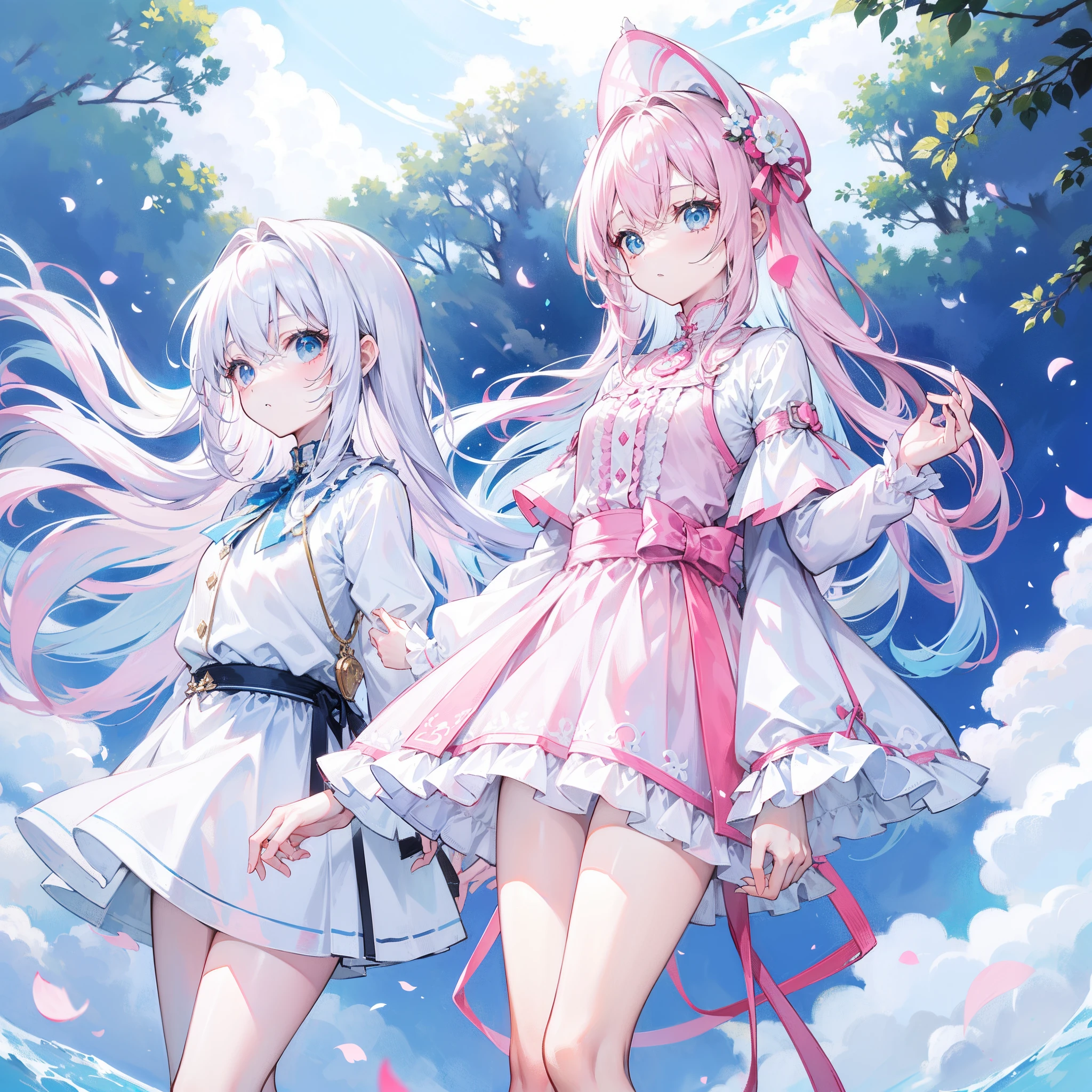 Long light pink and white hair,Blue, White and pink clothes,She is a cute and cute girl,Transfer sister,It looks very light and gentle