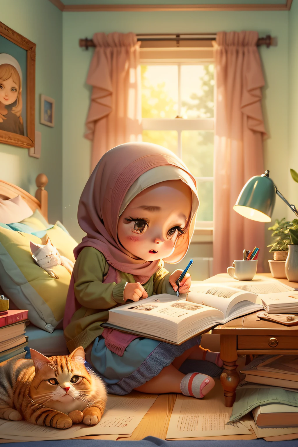 An incredibly charming girl doing journaling book, wearing hijab, accompanied by her adorable cat, surrounded by beautiful bedroom decoration, warm light. The illustration is in high definition at 4k resolution, with highly-detailed facial features and cartoon-style visuals