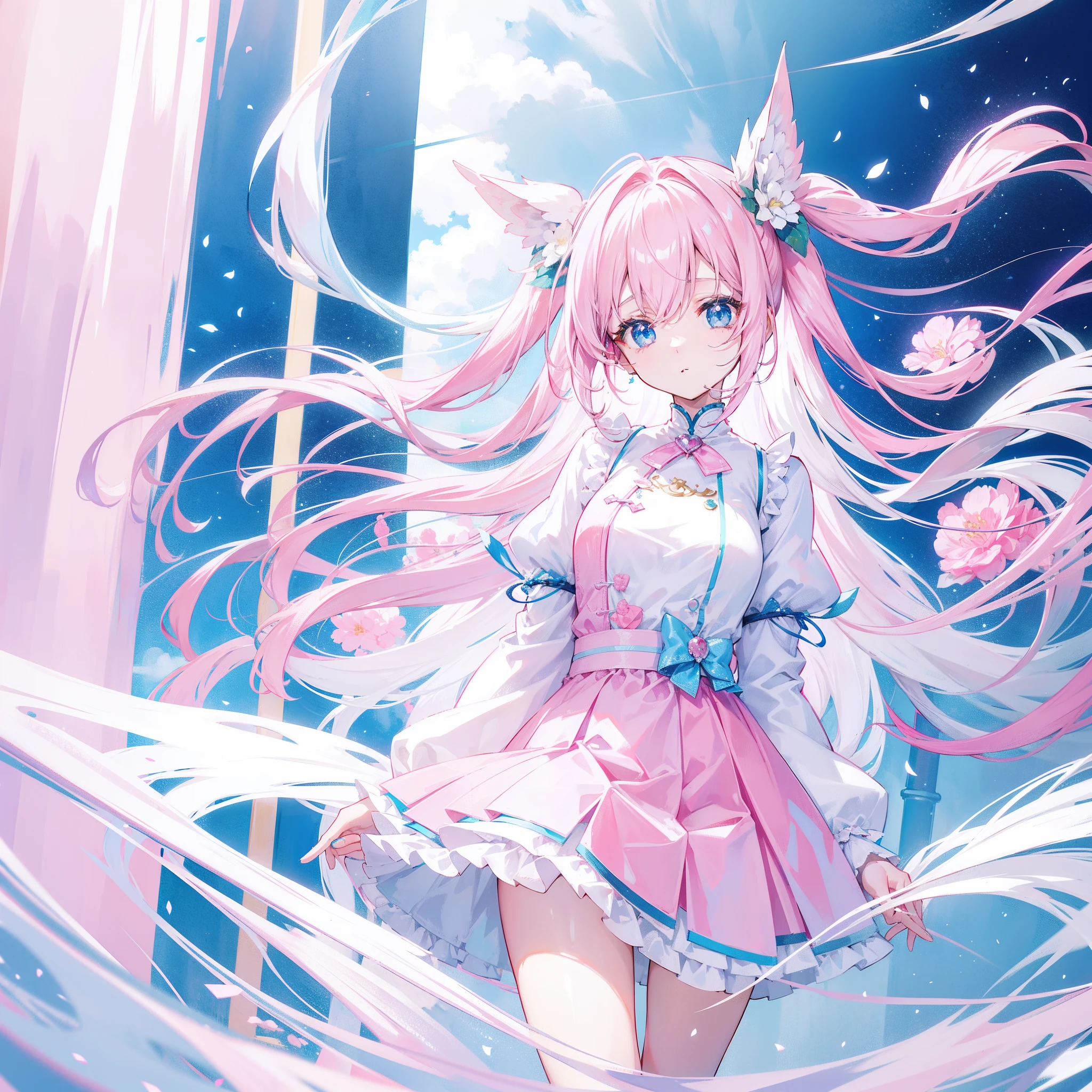 Long light pink and white hair,Blue, White and pink clothes,She is a cute and cute girl,Transfer sister,It looks very light and gentle