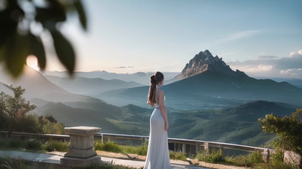 (​masterpiece)、8k,4k,ultra-detailliert、A majestic mountain in the distance々Woman looking at、A well-styled body、Hair Ponytail、The woman is on the right、(Back view full body:1.1),(To the right of the woman is a pillar of a palace-like building、The background is a mountain:0.8,Column 0.2,Camera angles are from a distance