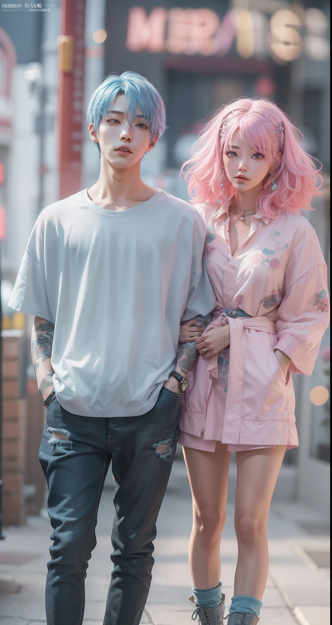 ((Male and female couples)), window, Idol Photos, Magazine covers, Photos of actors, Professional Photos, Height difference, tall male, Happiness, youthfulness, extra detailed face, detailed punk hair, very detailed character, inspired by Sim Sa-jeong, Cai Xukun's, detailed realistic faces, highly detailed realistic face, high detailed face anime, realistic detailed face, Accurate detailed face, attractive androgynous humanoid, Cool Korean fashion in black, ((With a man with light blue hair)), ((Woman with pink hair)), ((Woman with long hair below waist)), ((Man with short hair over ears)), ((Pink hair woman with gentle expression)), ((Man with light blue hair with wild expression)), high-level image quality, masterpiece, Photographed so that the whole body can be seen, Photographed to make clothes look beautiful, Take your eyes off, ((two individuals)), ((British couple))