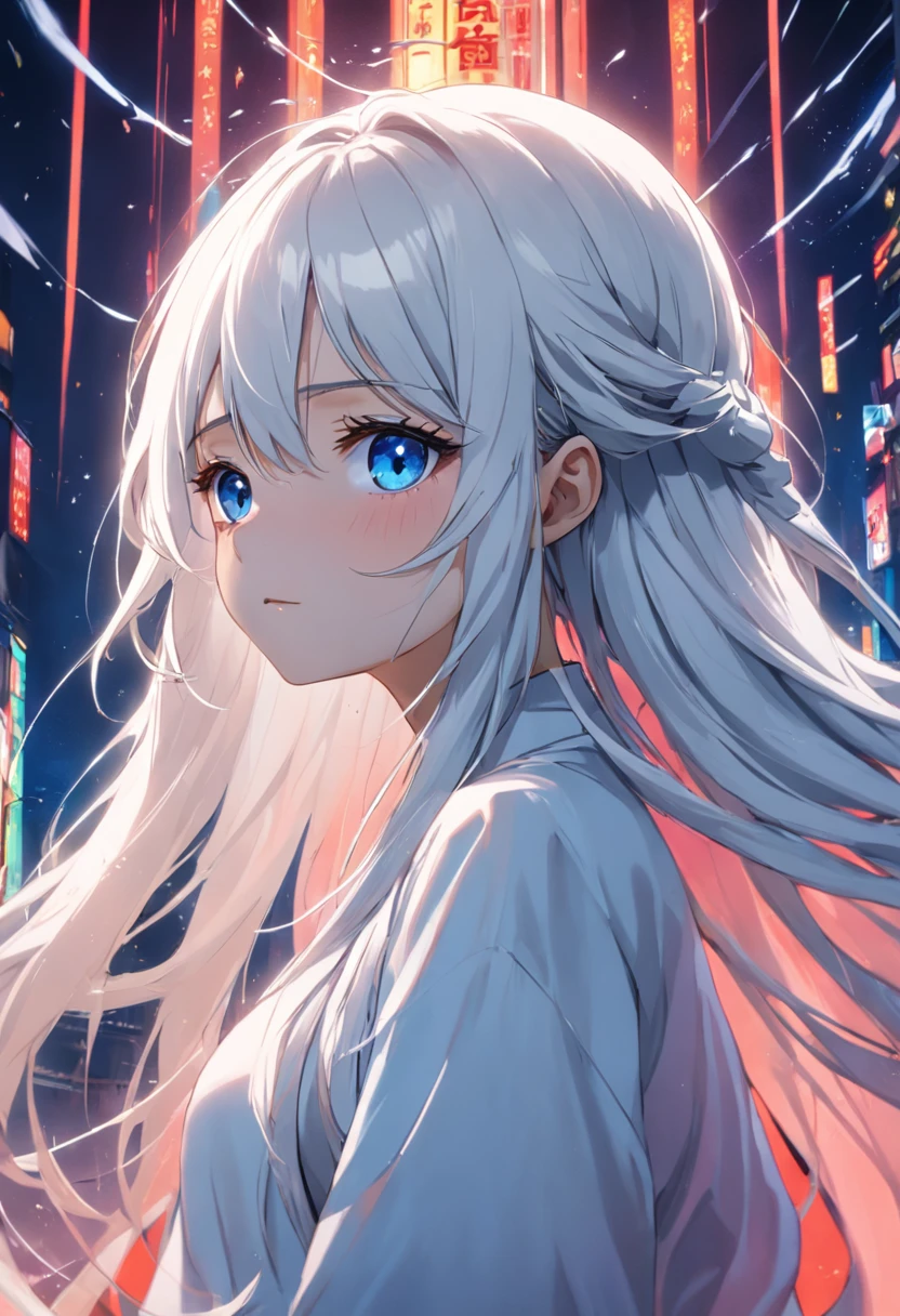 a two-dimensional style,photorealisti,Kizi,long white hair,Dark blue eyes,orthofacial,ID photo