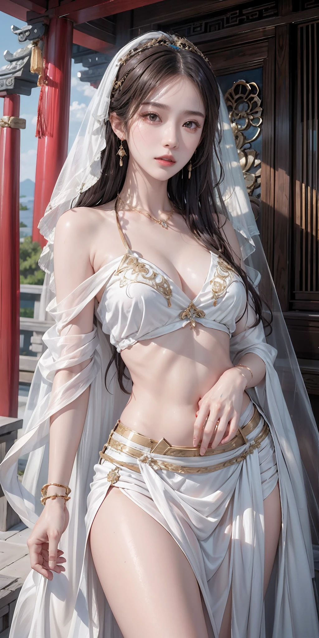 photorealistic, high resolution, soft light,1women, audult, solo, hips up, shining skin, (detailed face), jewelry, tattoo, china goddes, veil, midriff, bare shoulder