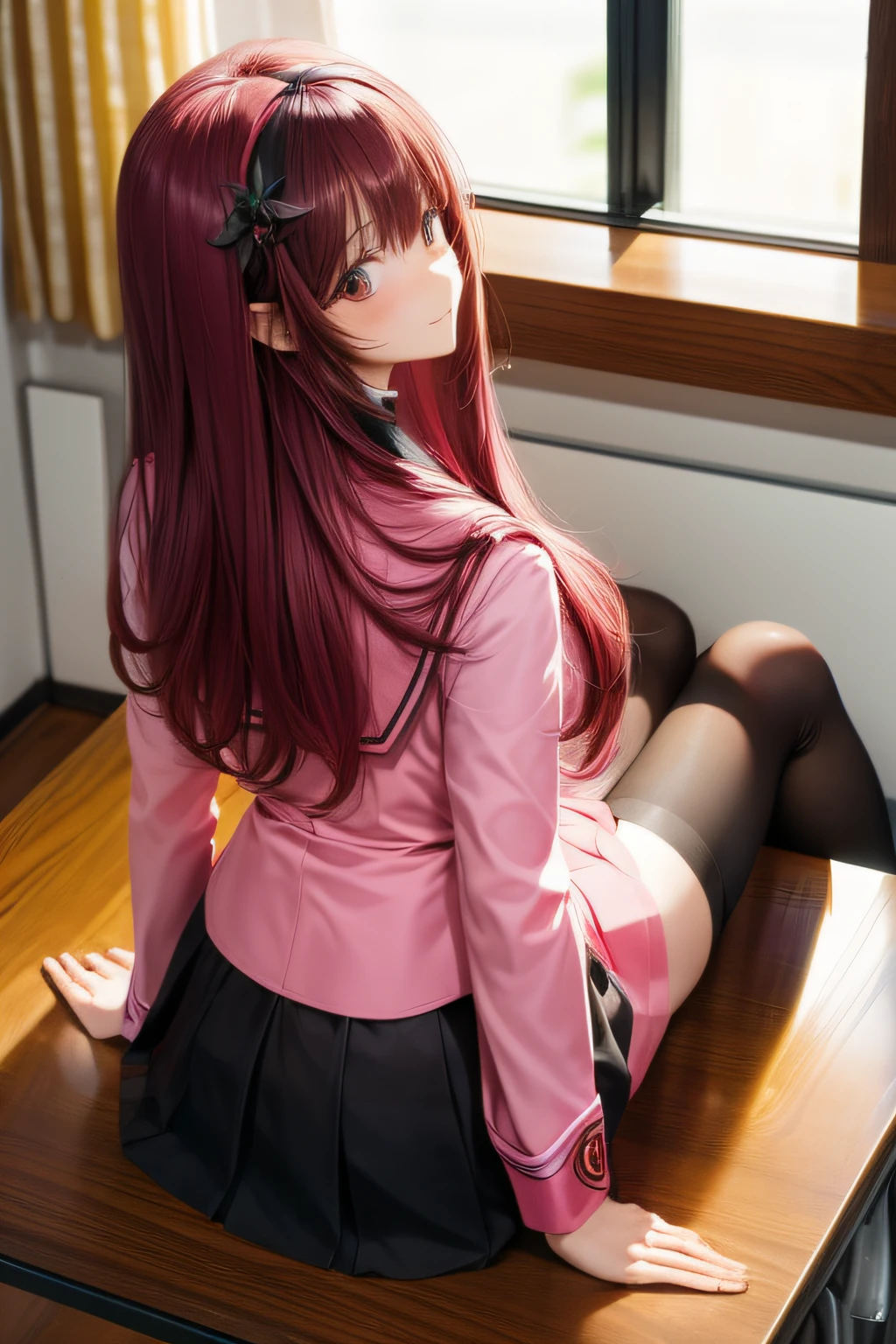 a girl, Over-the-knee black stockings, Student sister, School Uniform, Superskirt, Long straight pink hair, largeeyes, Sitting sideways on the table with Jiro's legs up, mediuml breasts, hairflower, ,shairband ，Delicate skin，Smooth legs，Be red in the face，back to look back