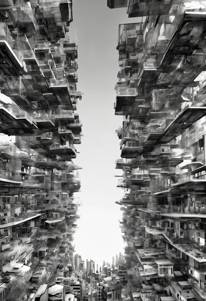 a black and white photo of a city with a lot of buildings, a digital rendering by Dan Christensen, deviantart, generative art, tectonic cityscape, intricate digital artwork, architectural illustration, translucent greebles, drawing architecture, displacement mapped, expansive detailed layered city, bionic exploded drawing, spatial structure, buildings covered with greebles, exposed inner structure, architecture drawing, architecture visualisation