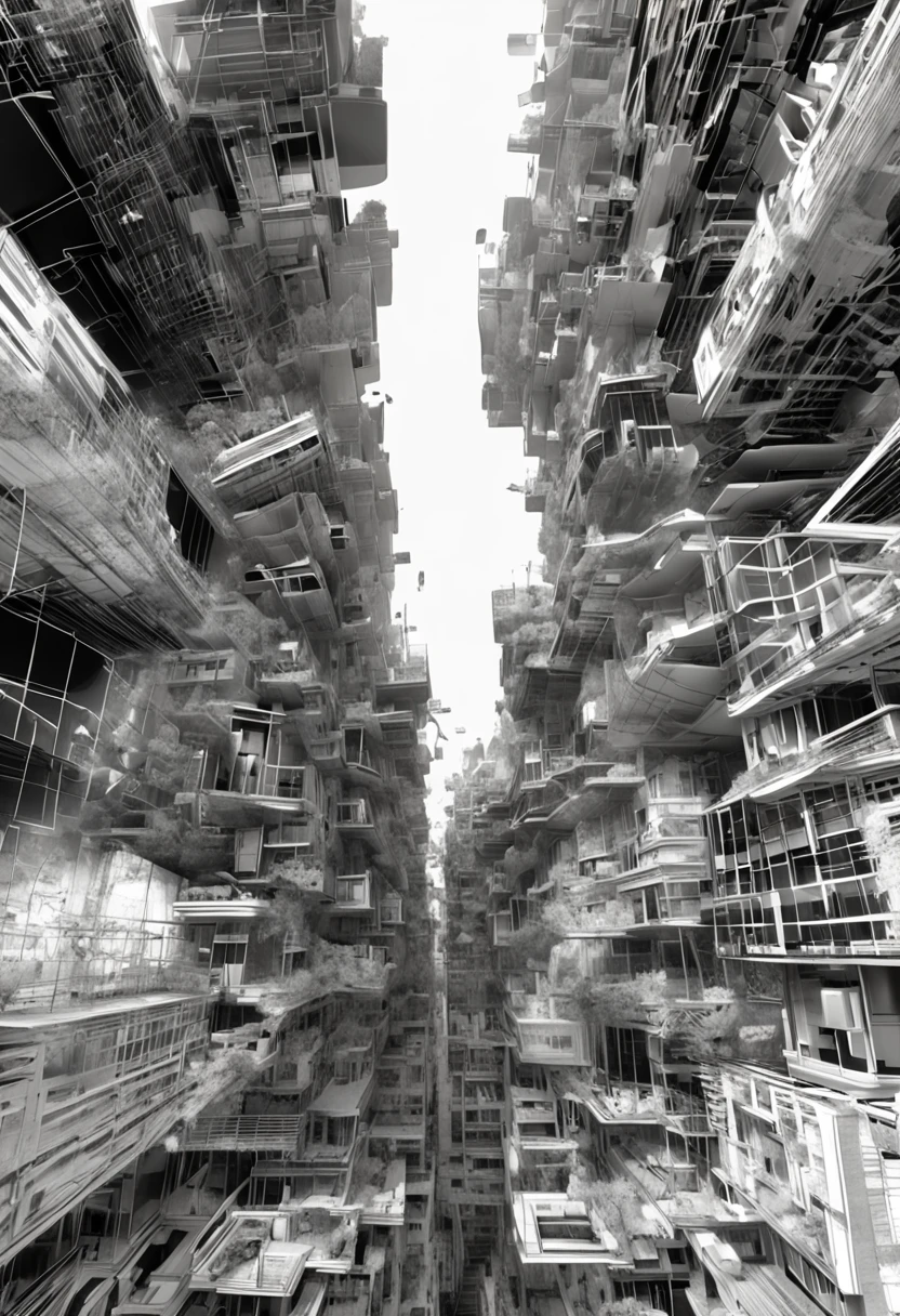 a black and white photo of a city with a lot of buildings, a digital rendering by Dan Christensen, deviantart, generative art, tectonic cityscape, intricate digital artwork, architectural illustration, translucent greebles, drawing architecture, displacement mapped, expansive detailed layered city, bionic exploded drawing, spatial structure, buildings covered with greebles, exposed inner structure, architecture drawing, architecture visualisation
